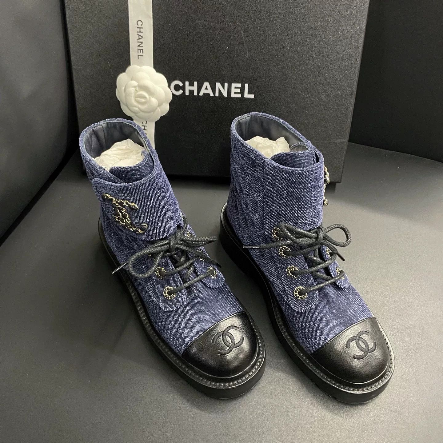 Chanel Chanel Blue-Black Velvet Patent Boots Size US 5 / IT 35 - 4 Thumbnail