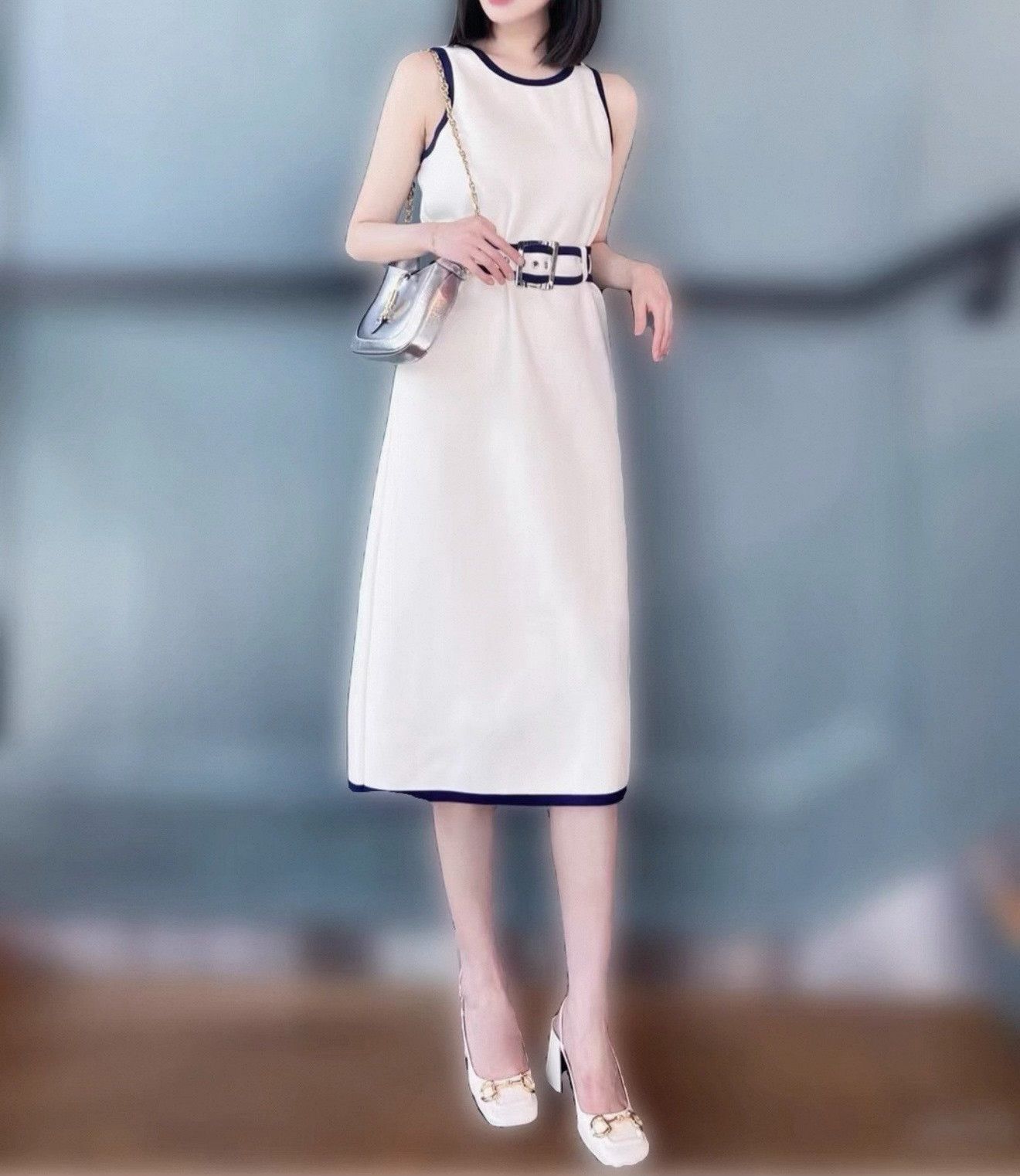 Gucci Gucci White Navy Trim Round Neck Dress Size L / US 10 / IT 46 - 7 Thumbnail