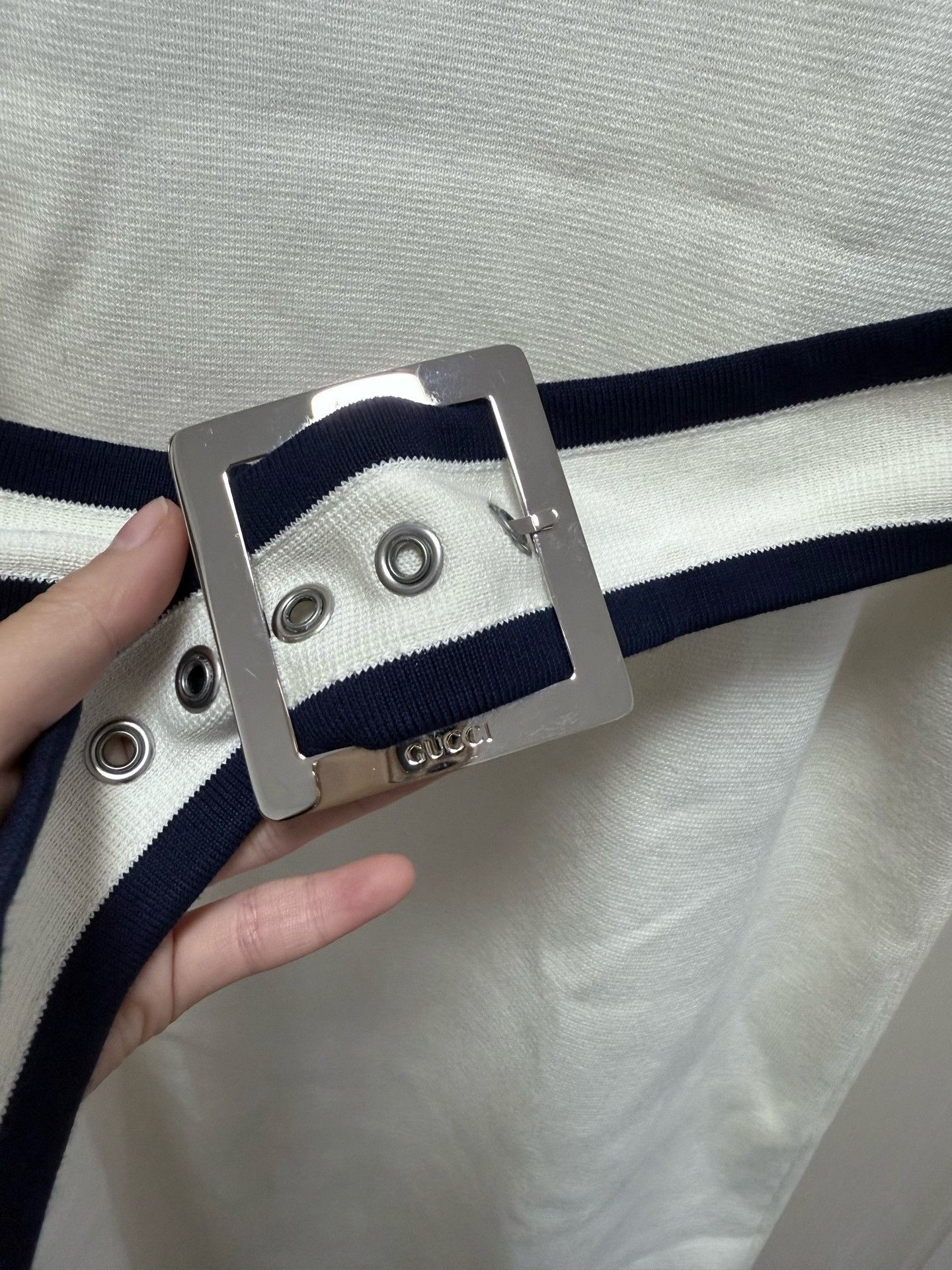 Gucci Gucci White Navy Trim Round Neck Dress Size L / US 10 / IT 46 - 4 Thumbnail