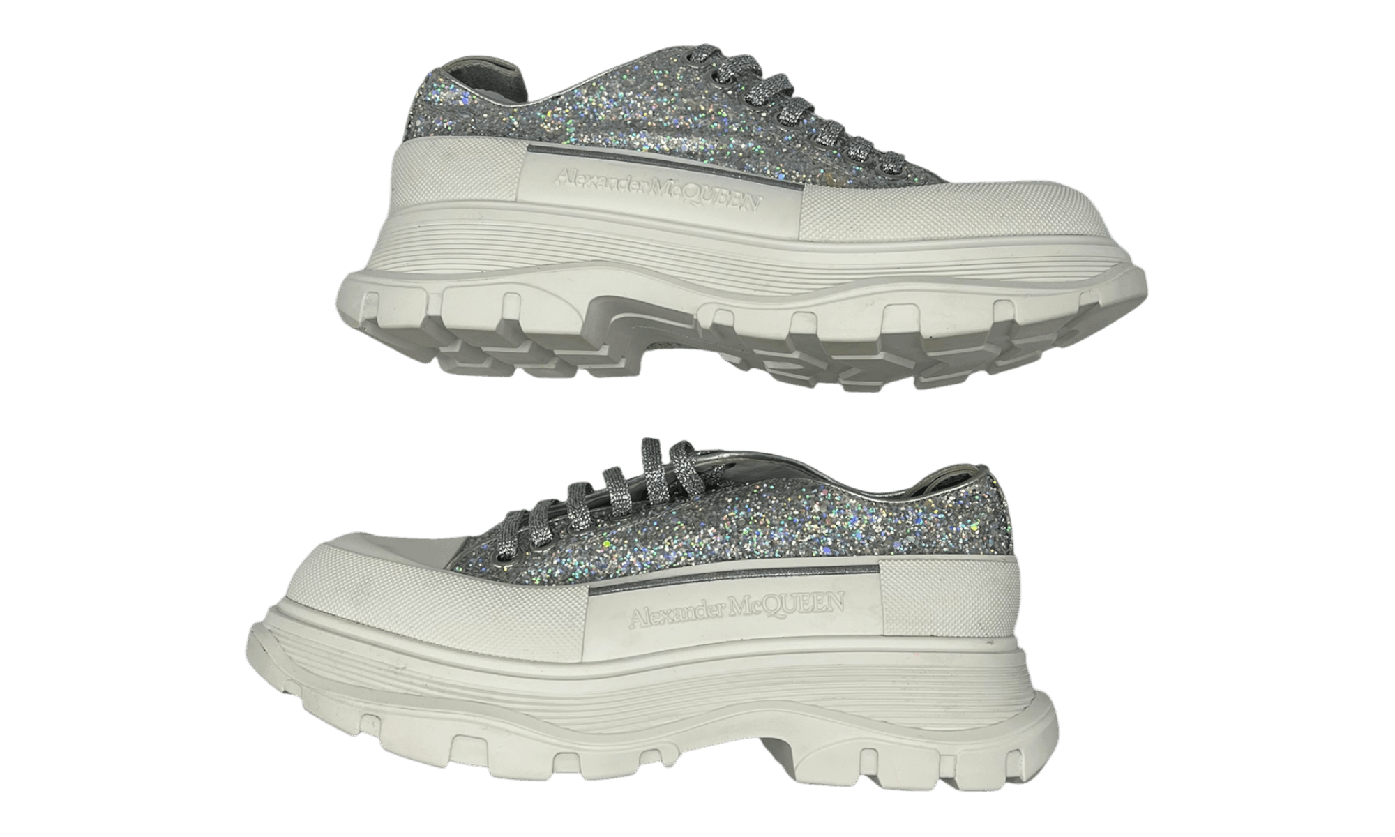 Other Alexander McQueen Wmns Tread Slick Lace Up "Holo Silver Glit Size US 5.5 / EU 38 - 2 Thumbnail