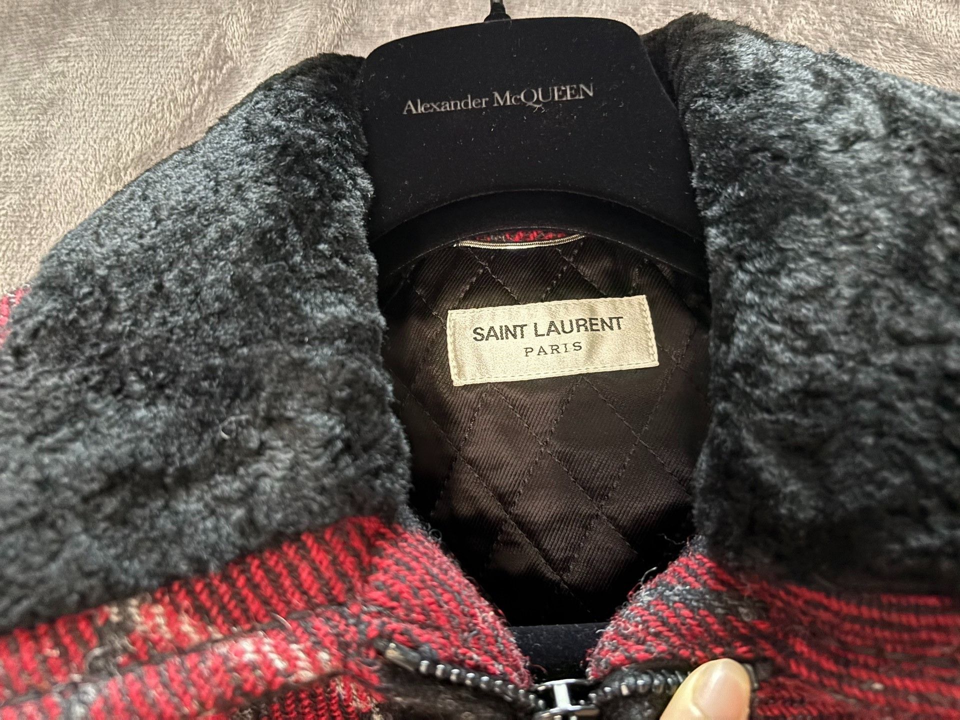 Saint Laurent Paris YSL Red Black Plaid Fur Collar Jacket Size M / US 6-8 / IT 42-44 - 2 Thumbnail