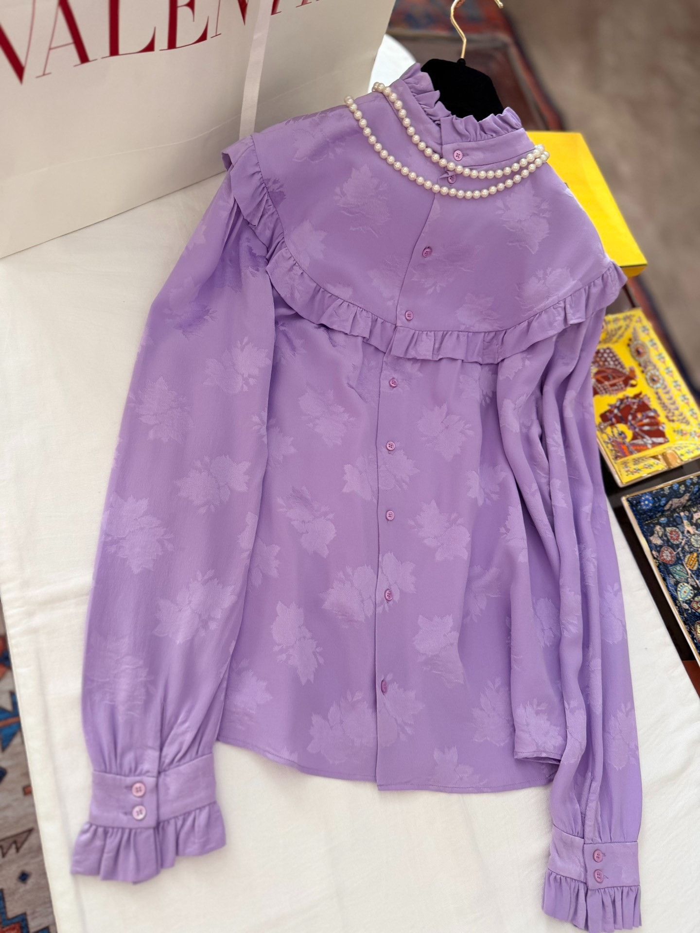 Saint Laurent Paris YSL Purple Floral Ruffled Silk Blouse Size M / US 6-8 / IT 42-44 - 6 Thumbnail