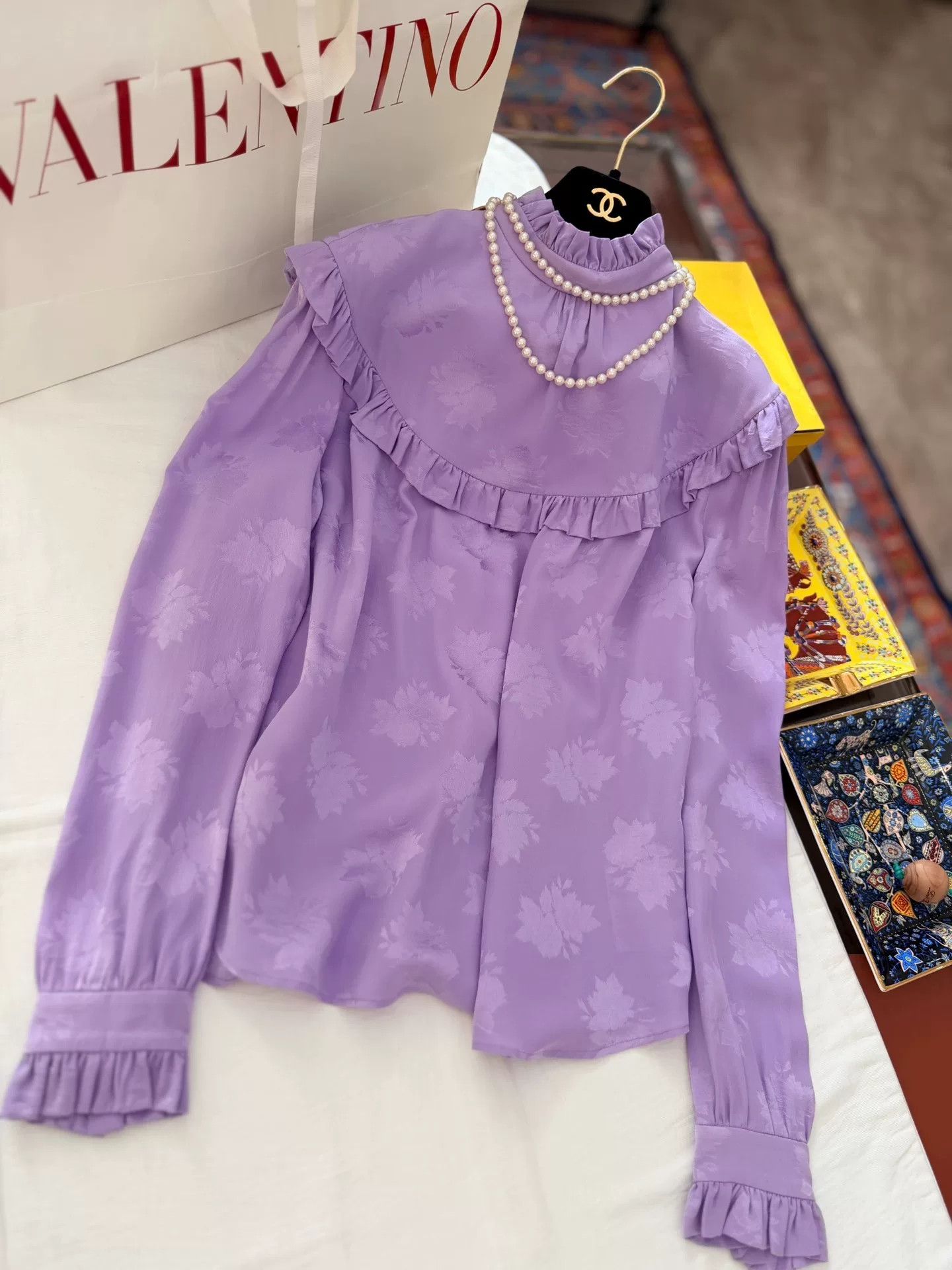 Saint Laurent Paris YSL Purple Floral Ruffled Silk Blouse Size M / US 6-8 / IT 42-44 - 2 Thumbnail