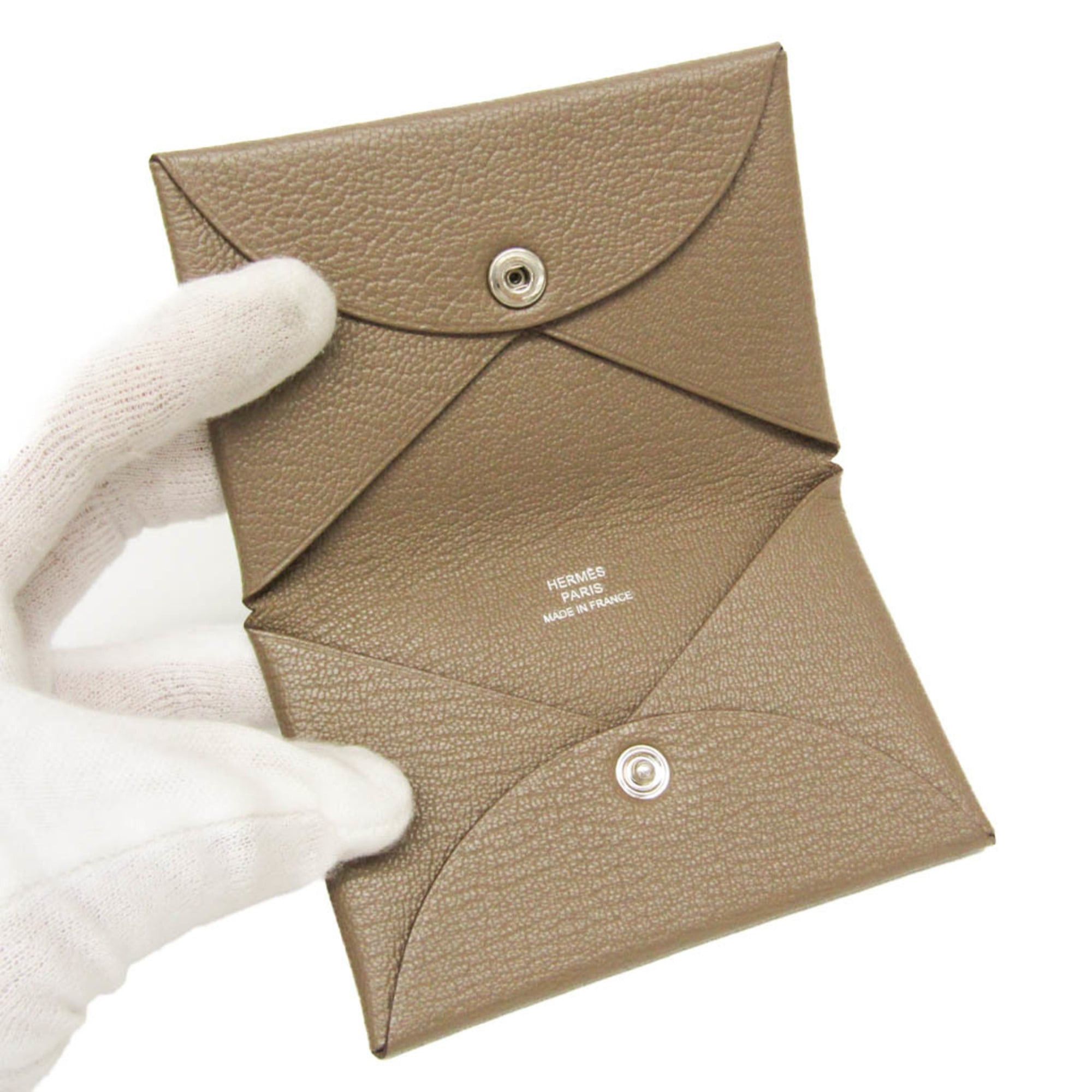 Hermes Hermes Calvi Chevre Leather Card Case Beige Brown Size ONE SIZE - 3 Thumbnail