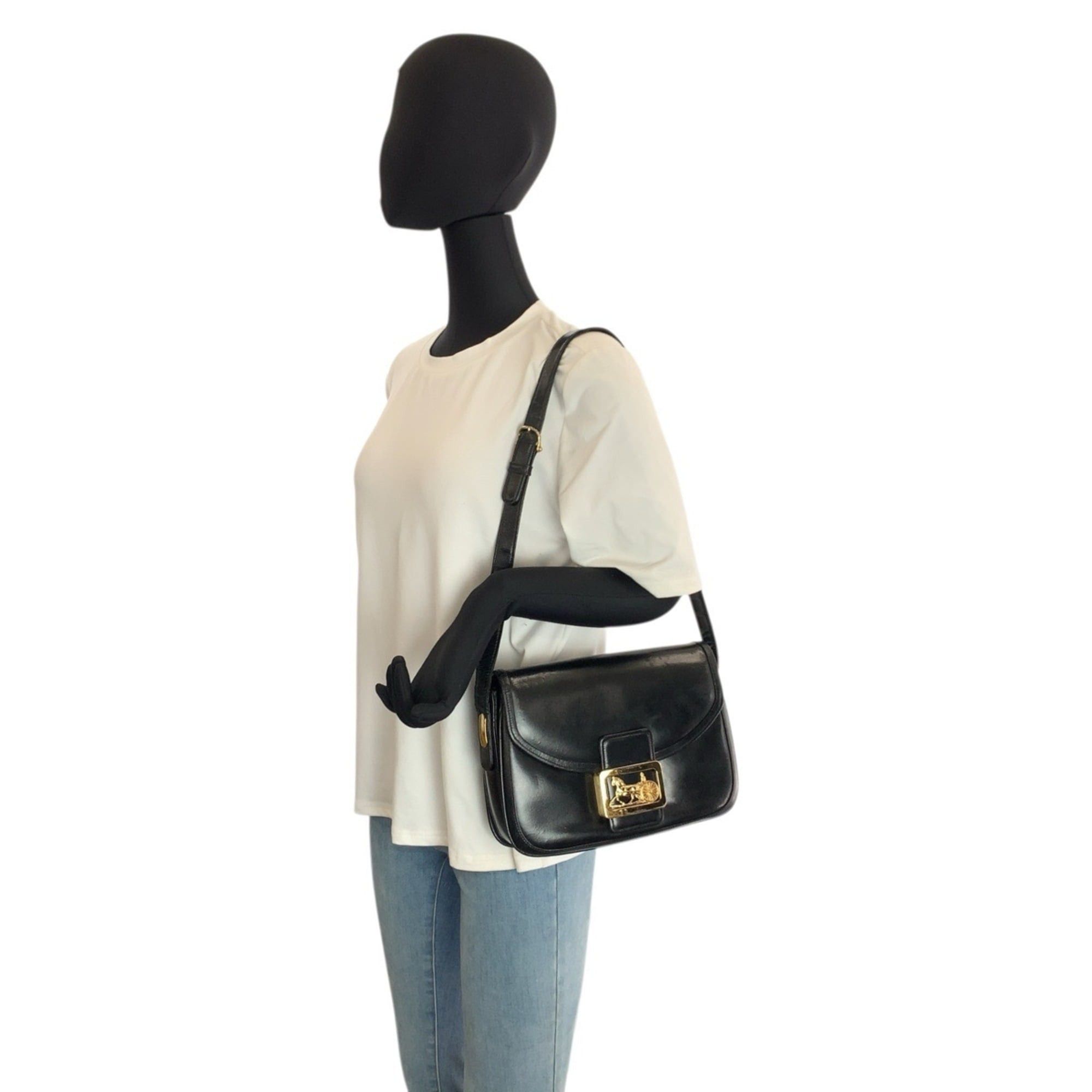 Celine Celine Carriage Hardware Black Leather Shoulder Bag with Gold for Women Size ONE SIZE - 8 Thumbnail