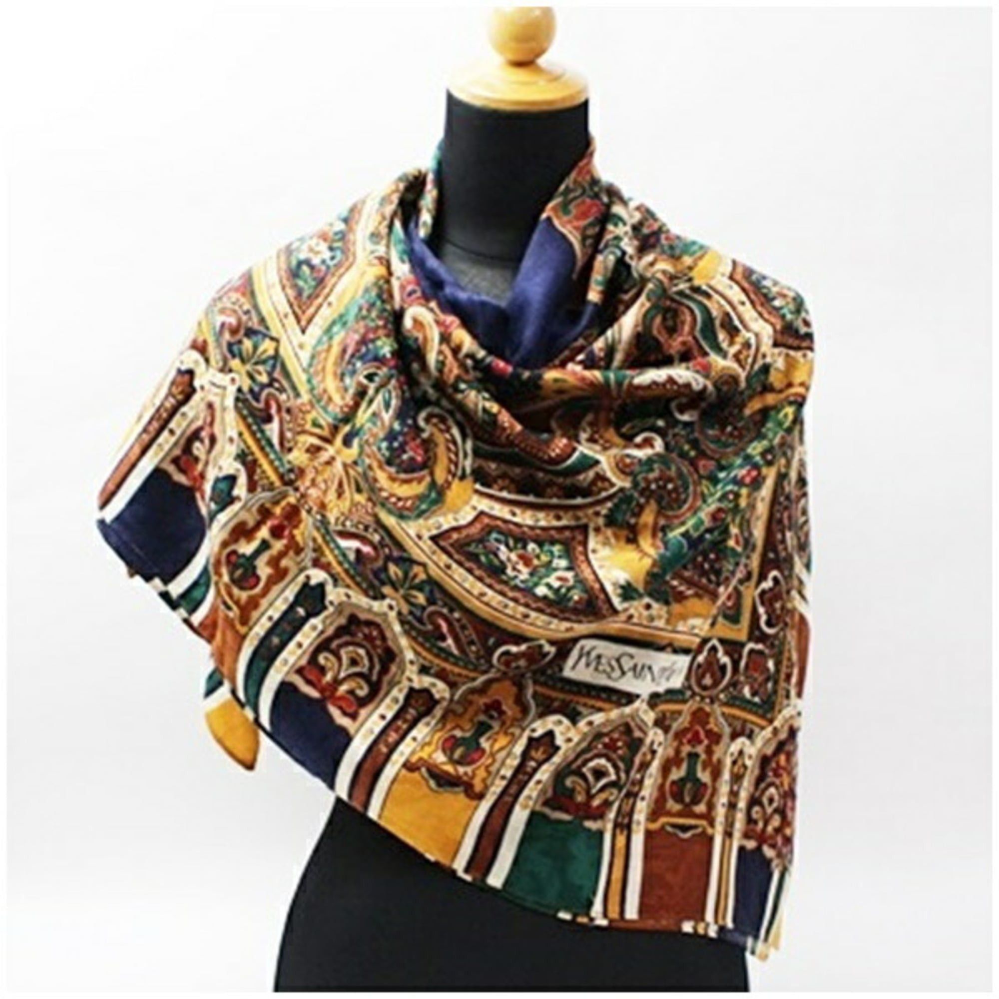 Yves Saint Laurent Yves Saint Laurent Wool Silk Large Scarf Stole Muffler Navy x Multicolor YVES SAINT LAURENT Women's Size ONE SIZE - 3 Thumbnail