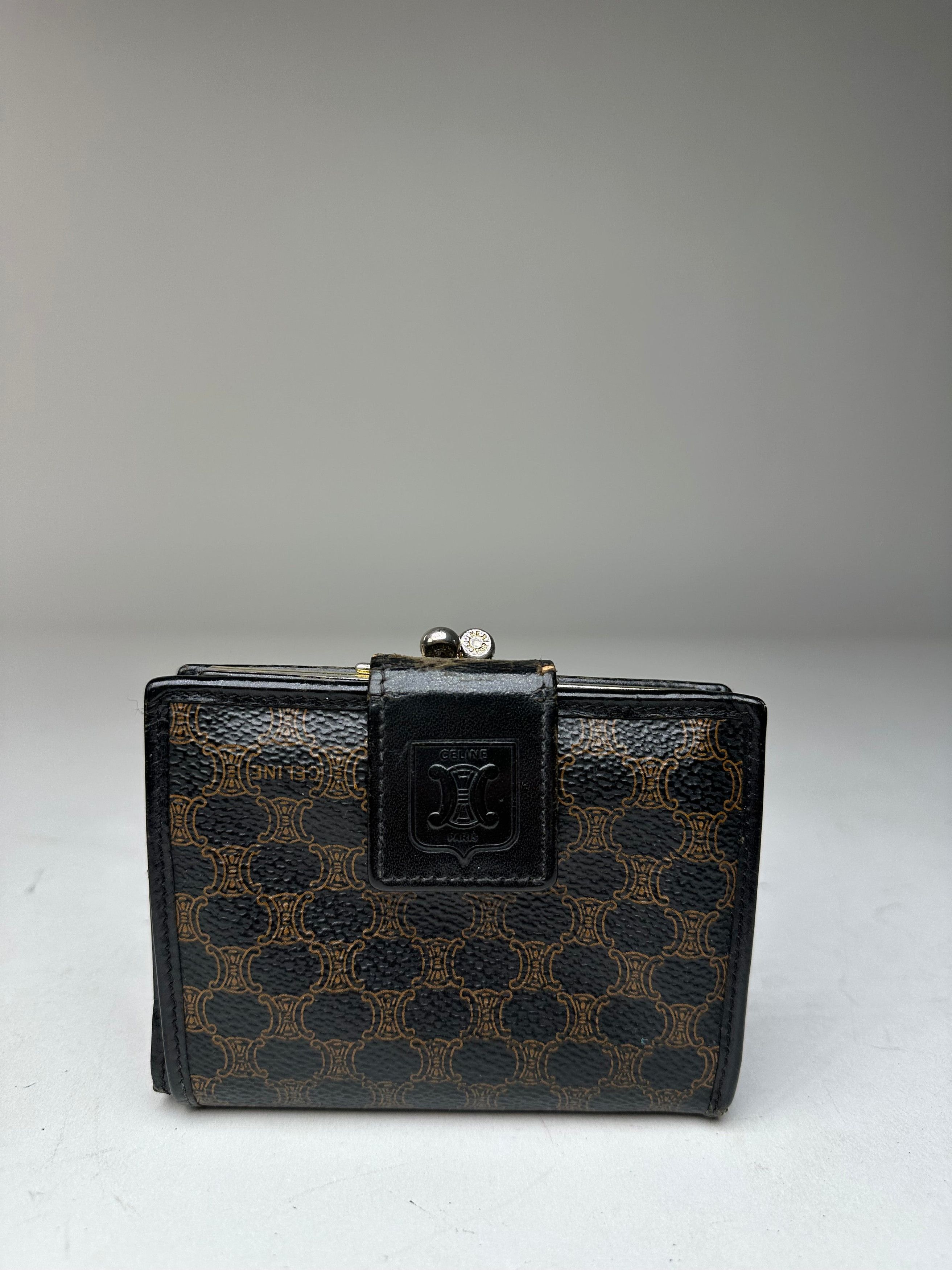 Celine Vintage Paris Triomphe Monogram Leather Wallet Black Brown Size ONE SIZE - 6 Thumbnail