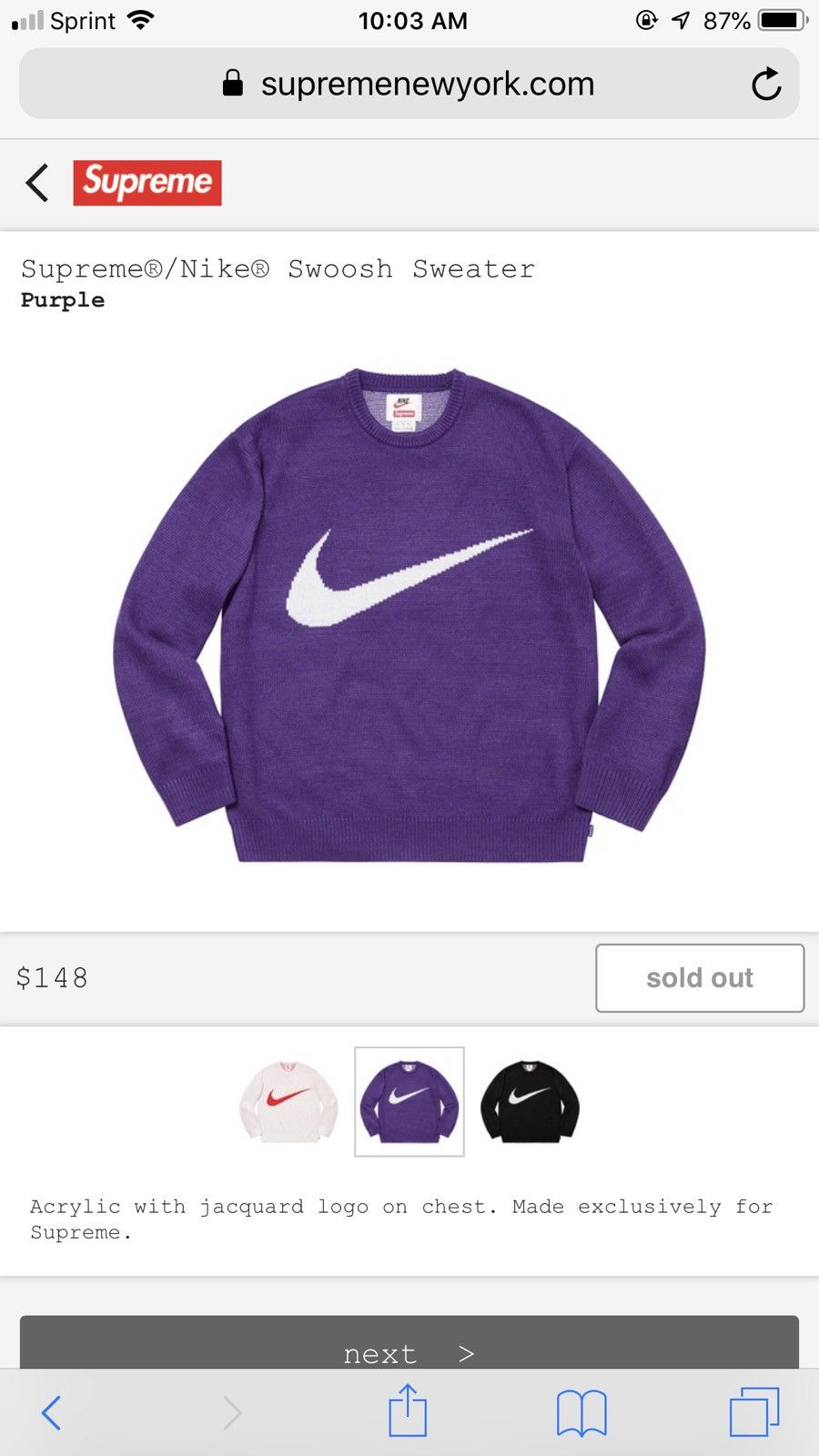 Supreme Nike Swoosh Sweater Purple