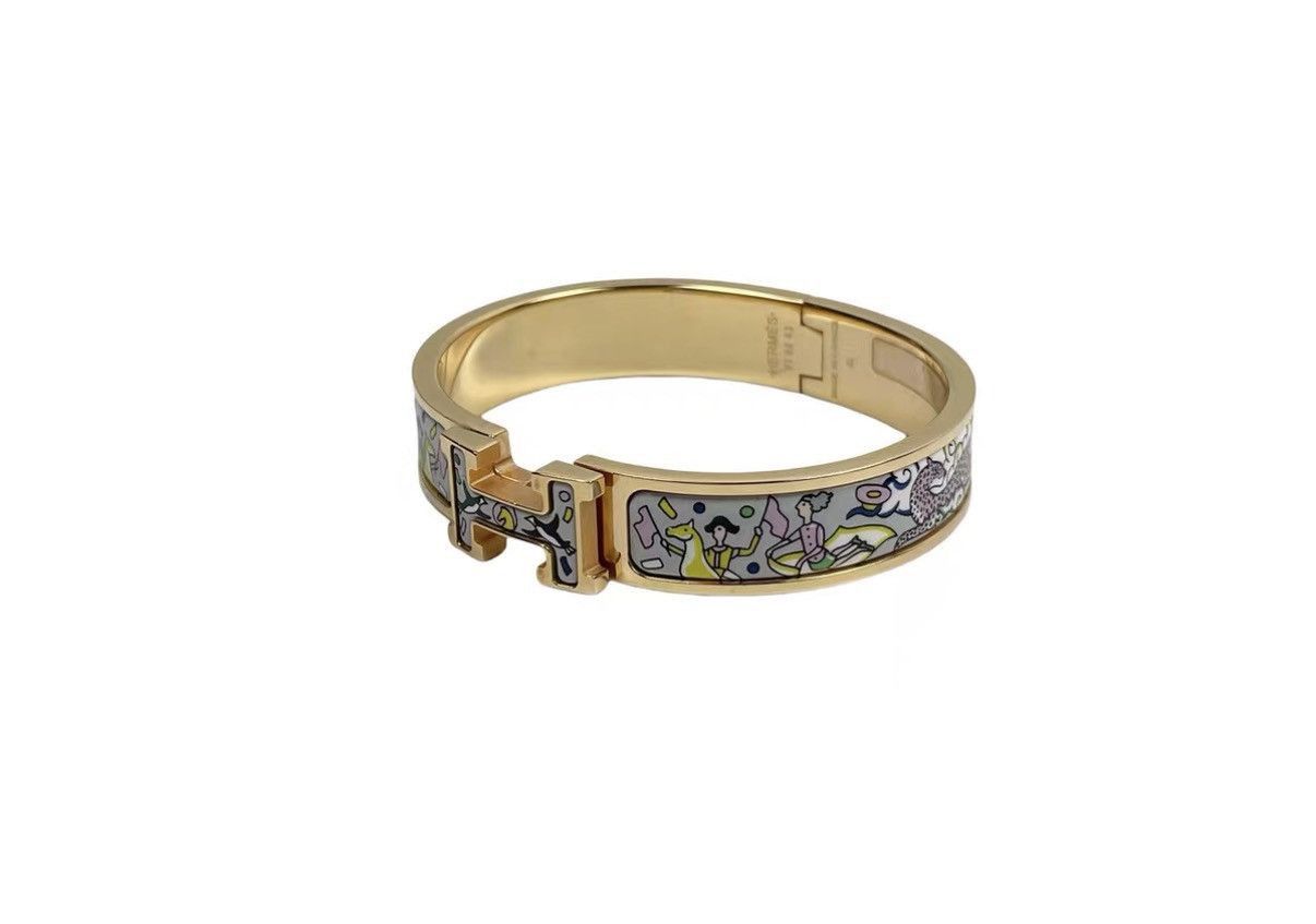 Hermes Gold Enamel Hinge Bracelet with Colorful Patterns Size ONE SIZE - 2 Thumbnail