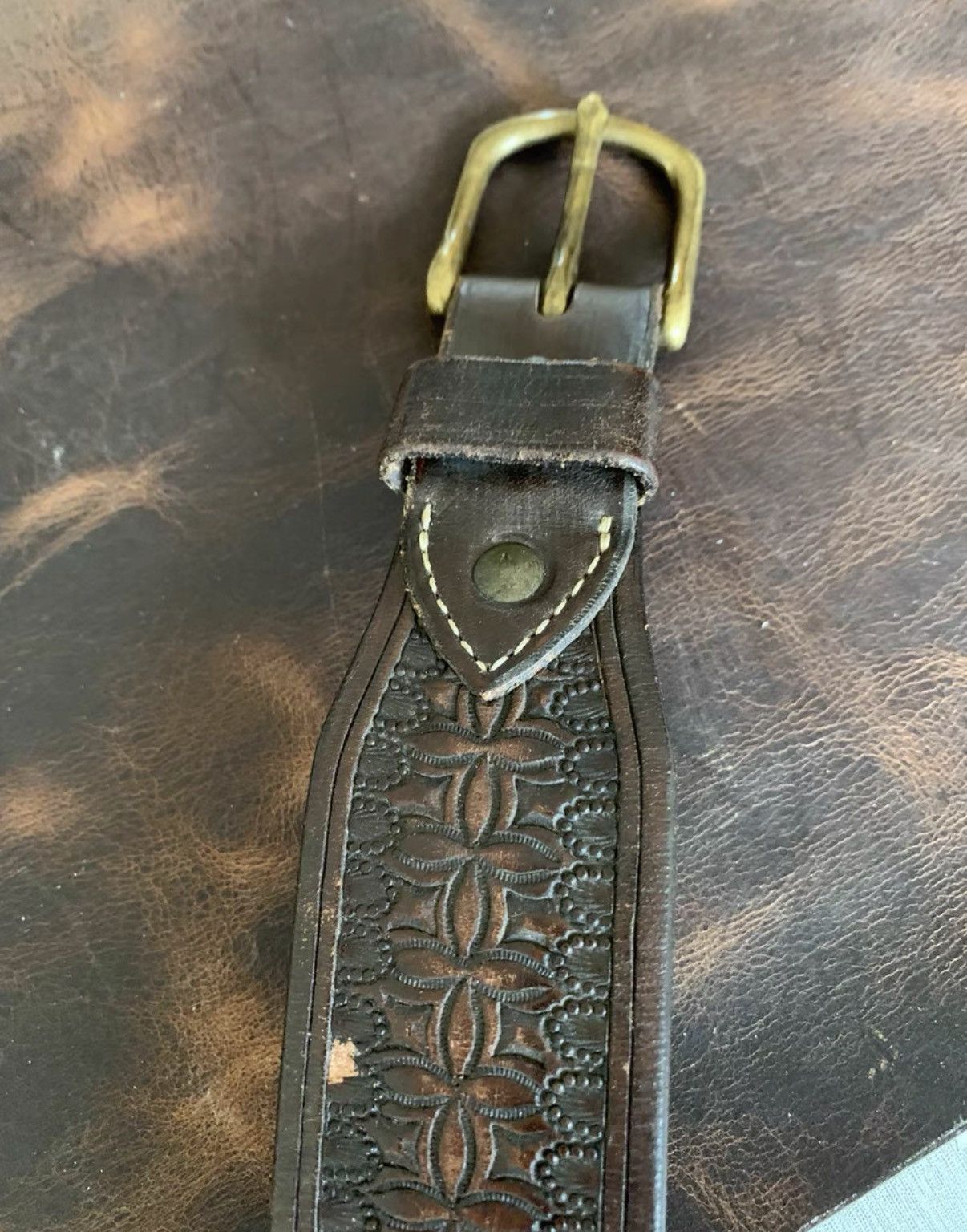 Polo Ralph Lauren Brown Tooled Leather Belt with Brass Buckle Size ONE SIZE - 5 Thumbnail