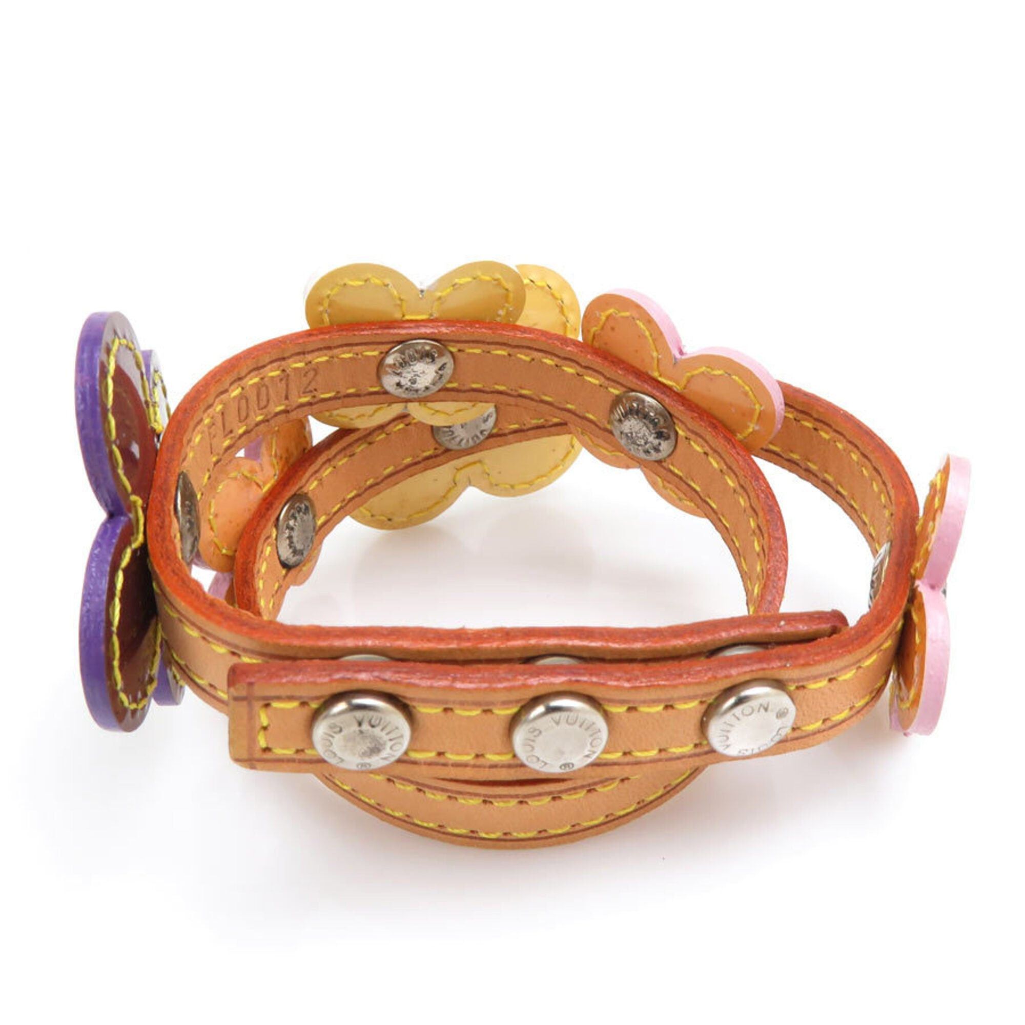 Louis Vuitton Louis Vuitton Flower Lexington Bracelet, Leather, Patent Beige, Multicolor, Silver, Men's, Free Shipping, e61698 Size ONE SIZE - 4 Thumbnail