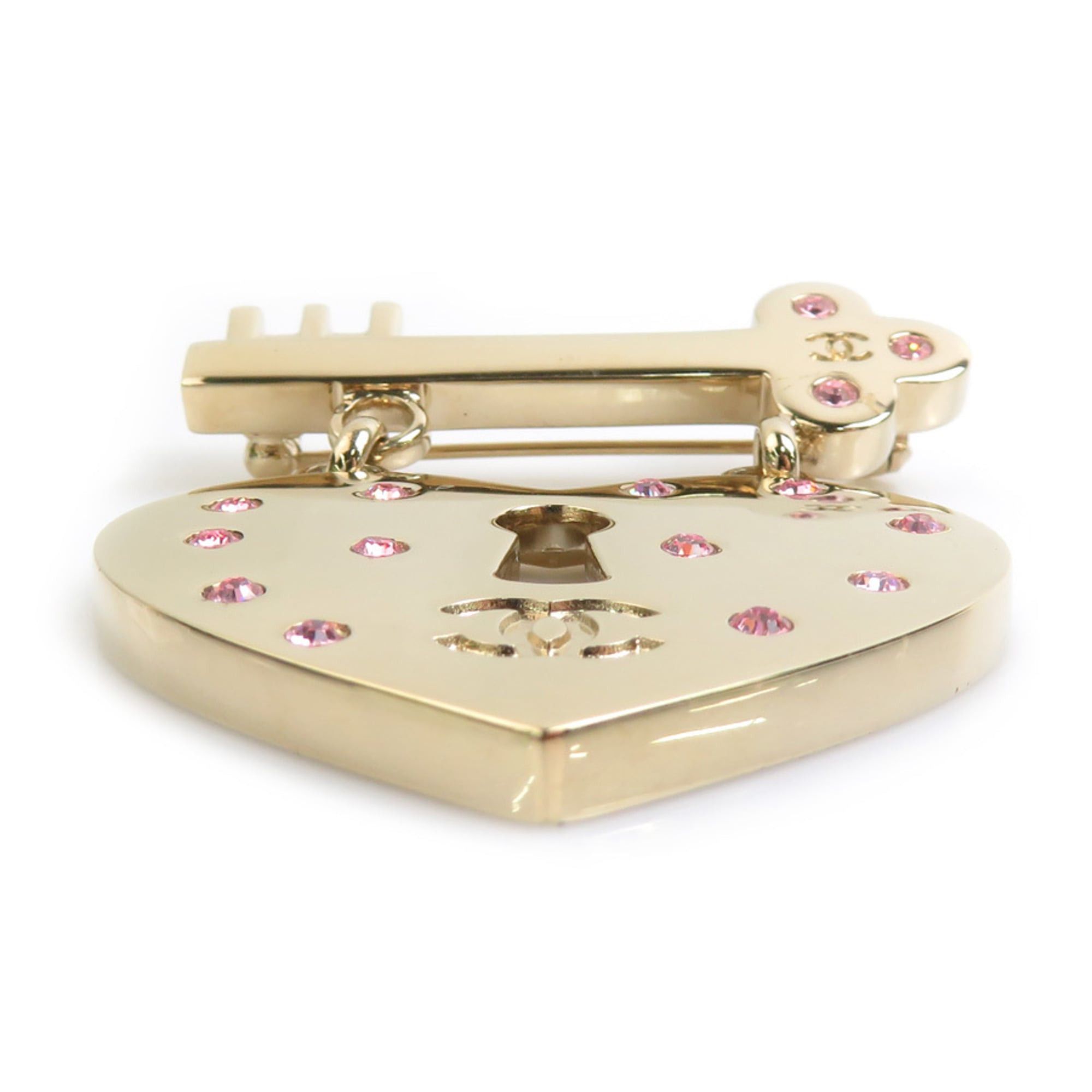 Chanel Chanel brooch, heart lock & key design, metal, rhinestone, gold, pink, women's, free shipping, e61672a Size ONE SIZE - 3 Thumbnail