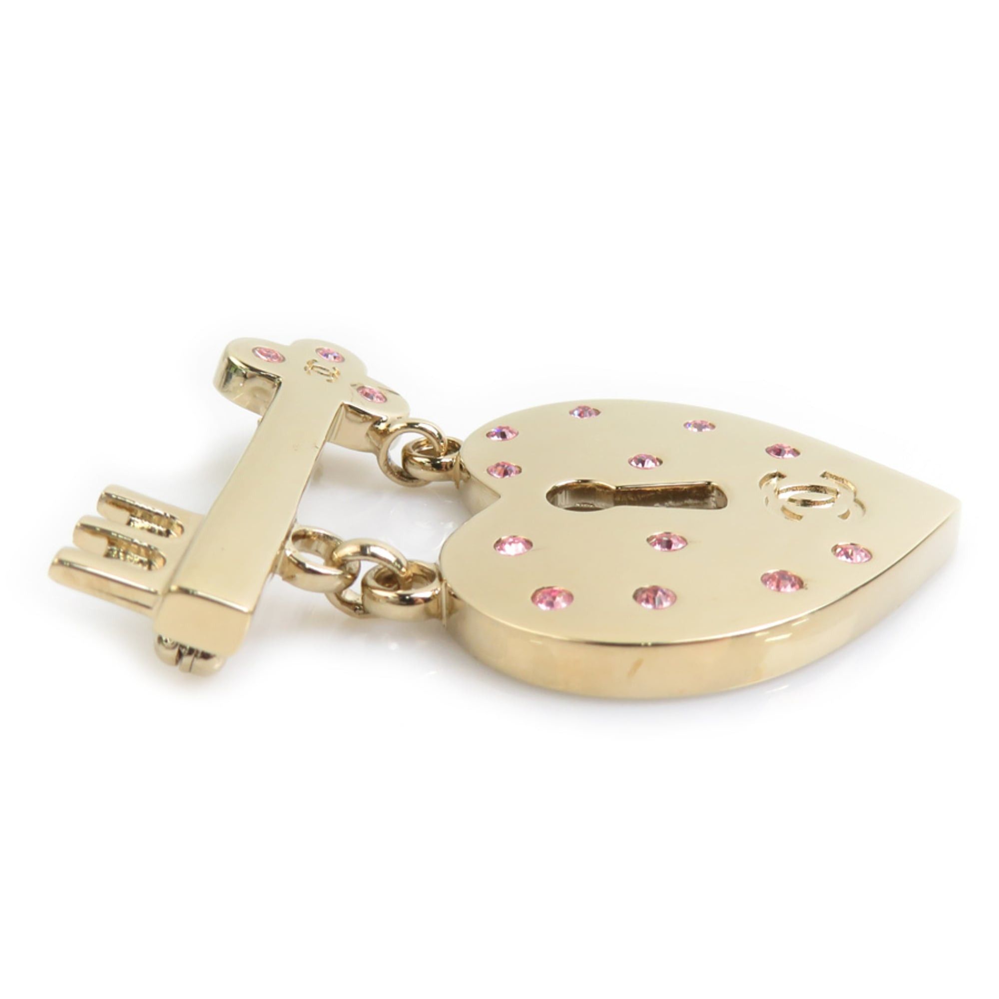 Chanel Chanel brooch, heart lock & key design, metal, rhinestone, gold, pink, women's, free shipping, e61672a Size ONE SIZE - 2 Thumbnail