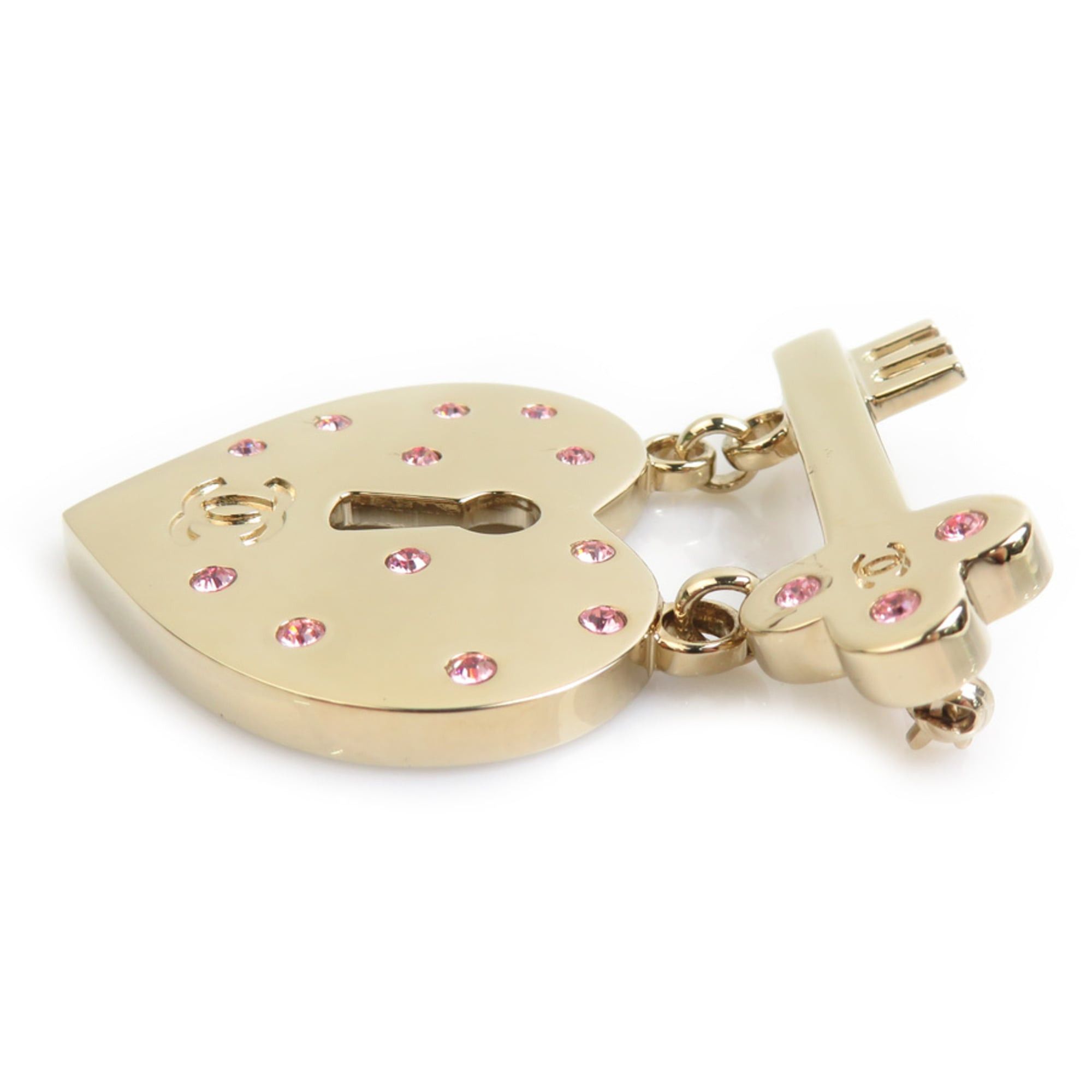 Chanel Chanel brooch, heart lock & key design, metal, rhinestone, gold, pink, women's, free shipping, e61672a Size ONE SIZE - 4 Thumbnail