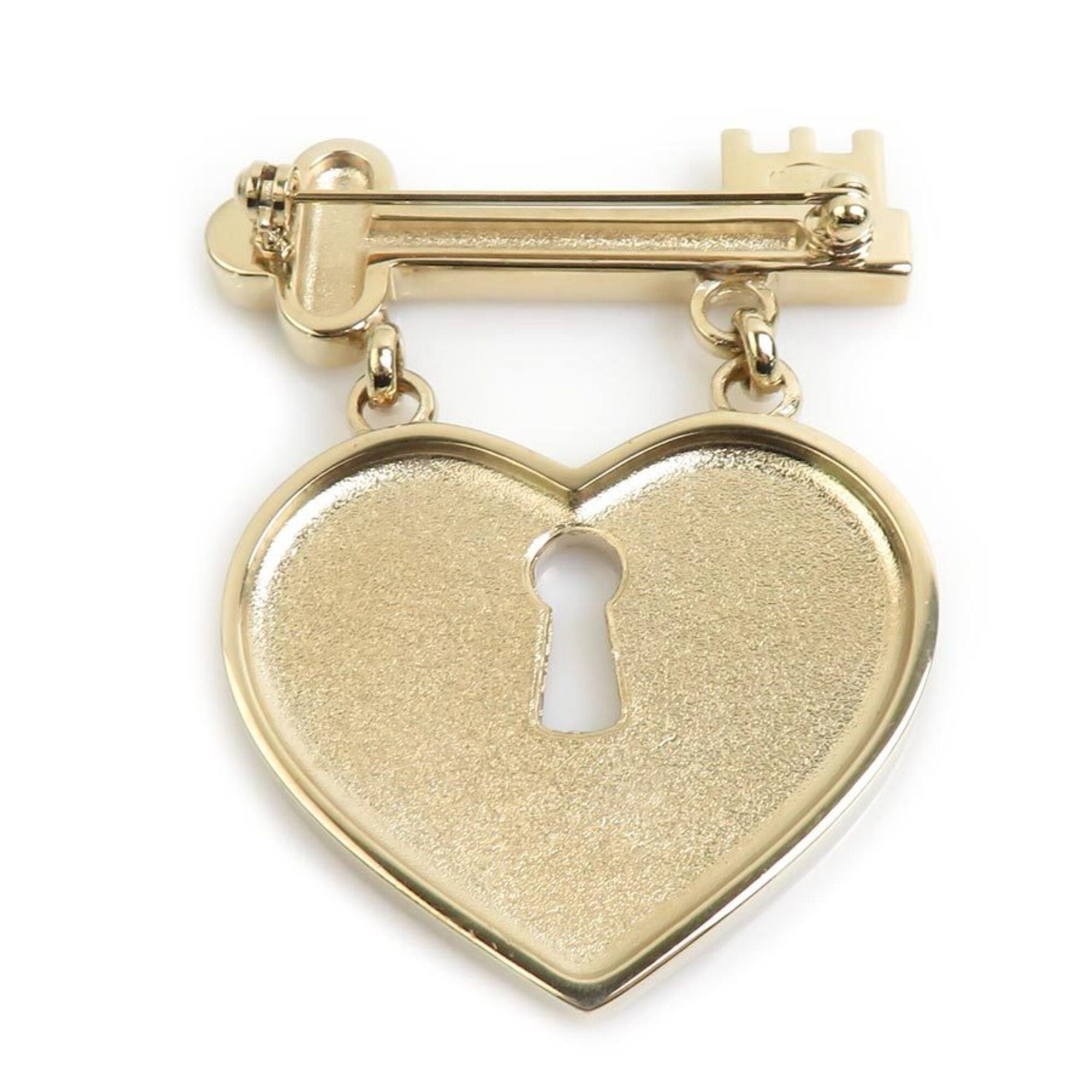 Chanel Chanel brooch, heart lock & key design, metal, rhinestone, gold, pink, women's, free shipping, e61672a Size ONE SIZE - 6 Thumbnail