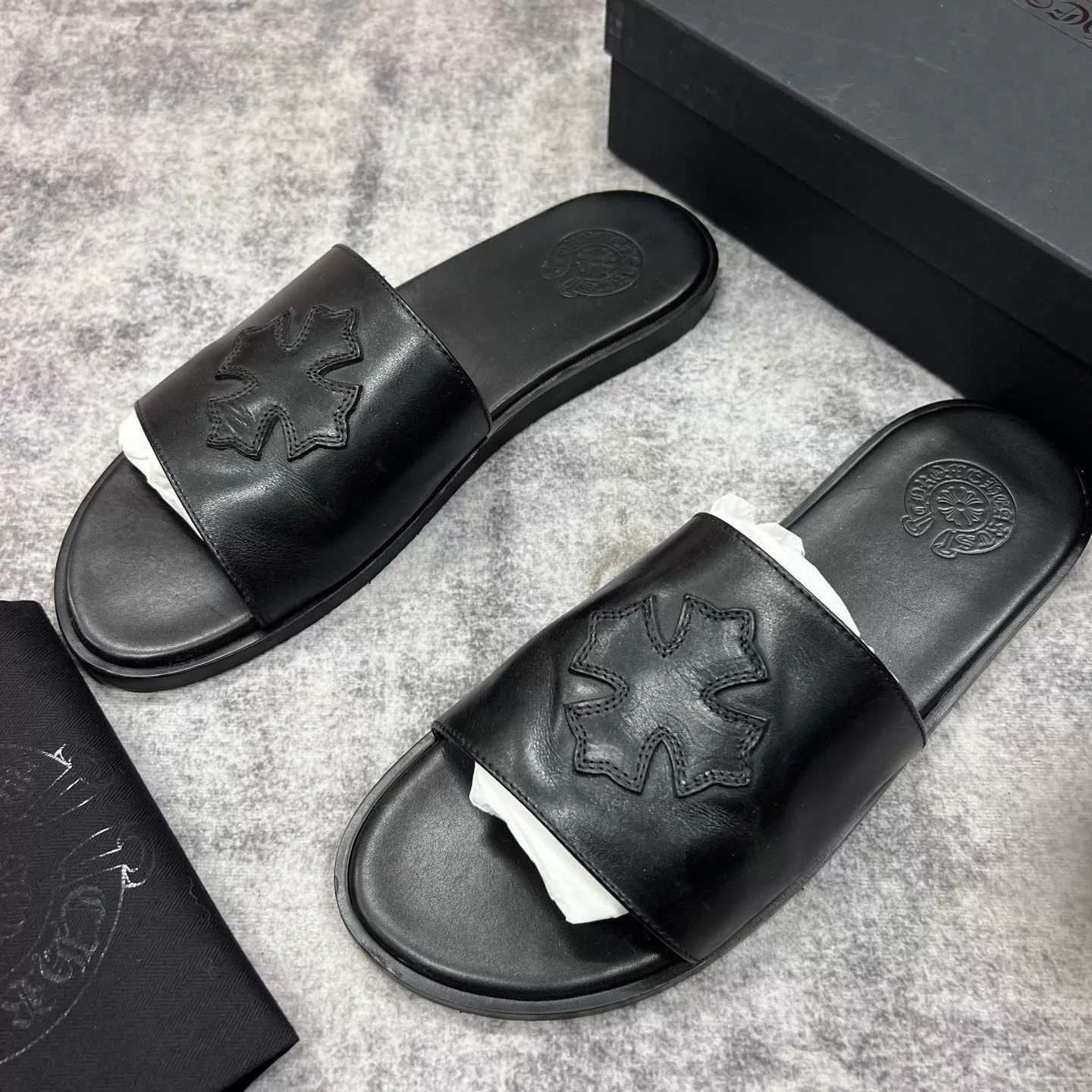 Chrome Hearts Black Leather Slide Sandals with Star Design Size US 12 / EU 45 - 2 Thumbnail