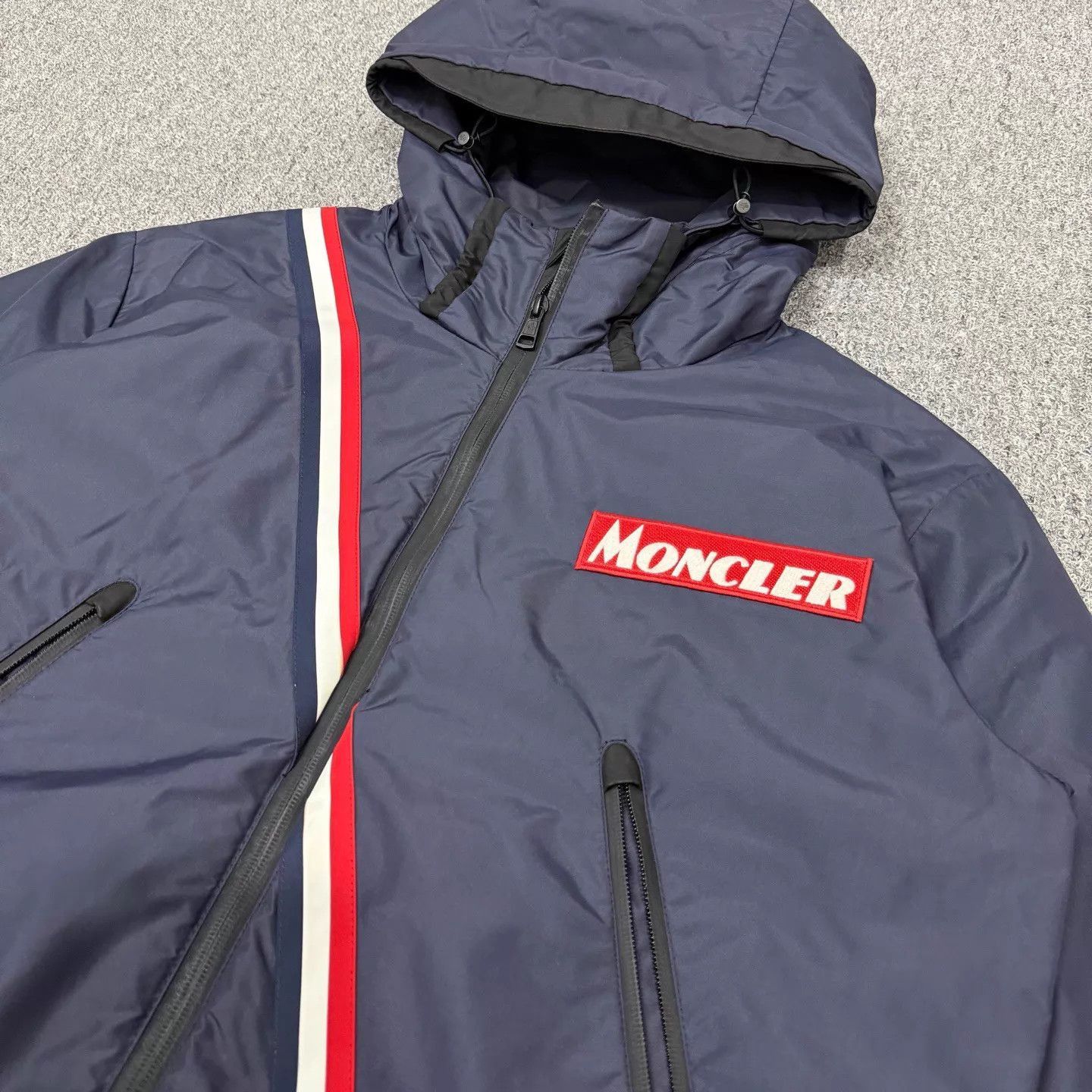 Moncler Blue Hooded Jacket with Diagonal Stripe, Size L Size US L / EU 52-54 / 3 - 3 Thumbnail