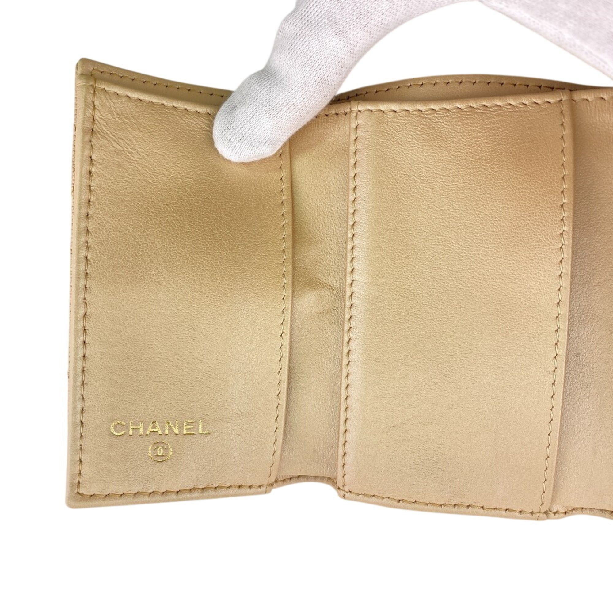 Chanel CHANEL Compact Wallet Matelassé Caviar Leather Tri-fold Beige Size ONE SIZE - 10 Thumbnail