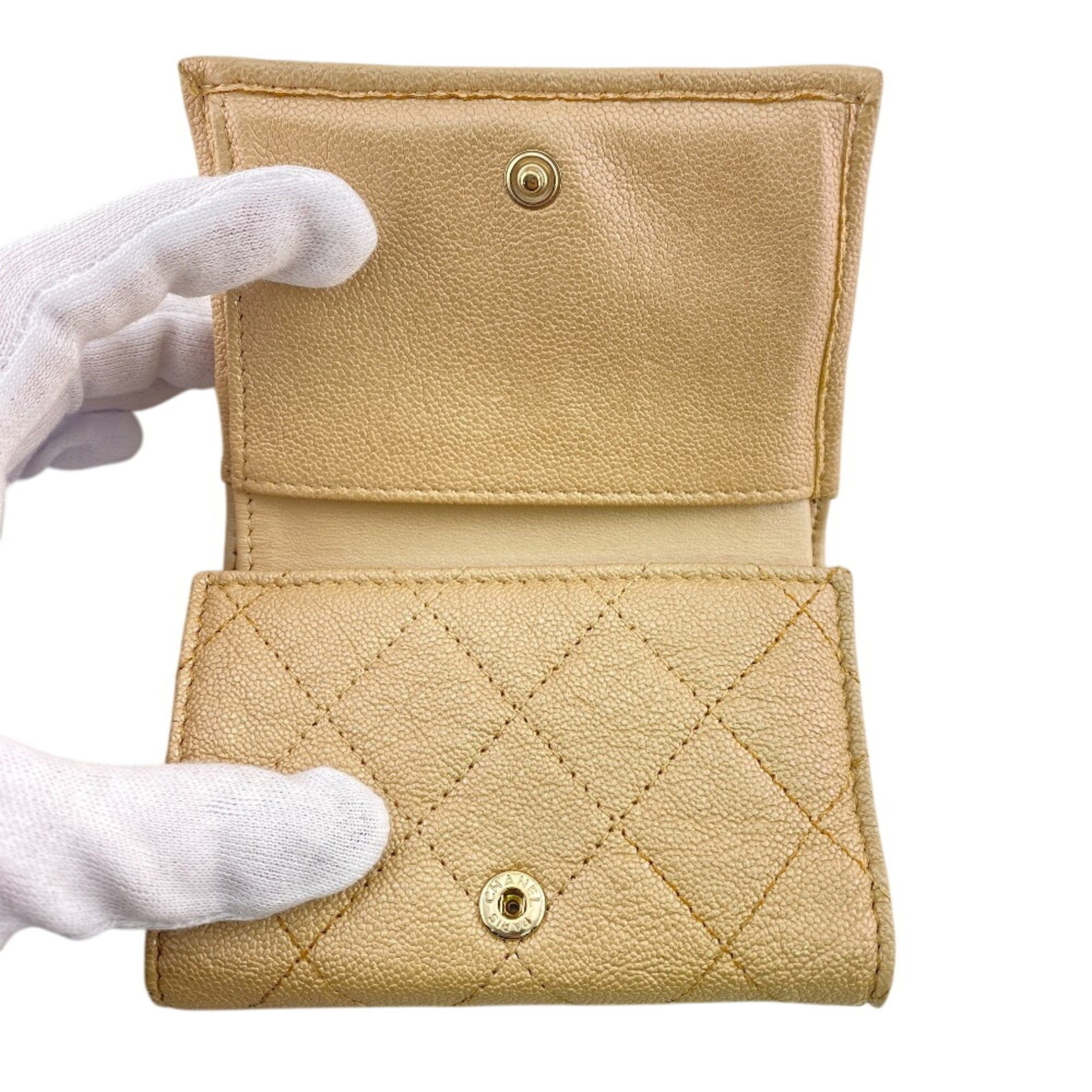 Chanel CHANEL Compact Wallet Matelassé Caviar Leather Tri-fold Beige Size ONE SIZE - 8 Thumbnail
