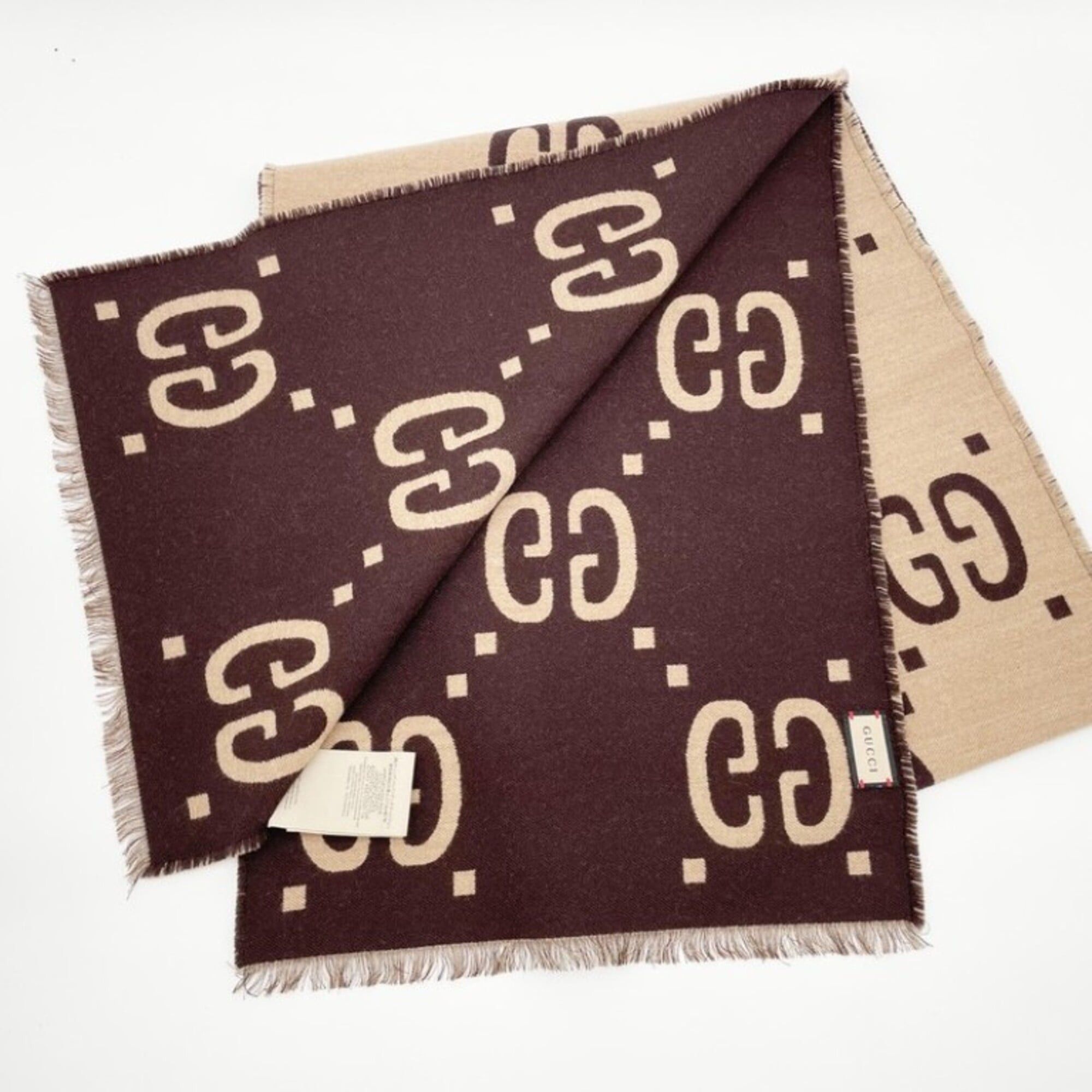 Gucci GUCCI GG Jacquard Scarf/Muffler, 495592, Brown/Beige, Wool, Men's/Women's Size ONE SIZE - 2 Thumbnail