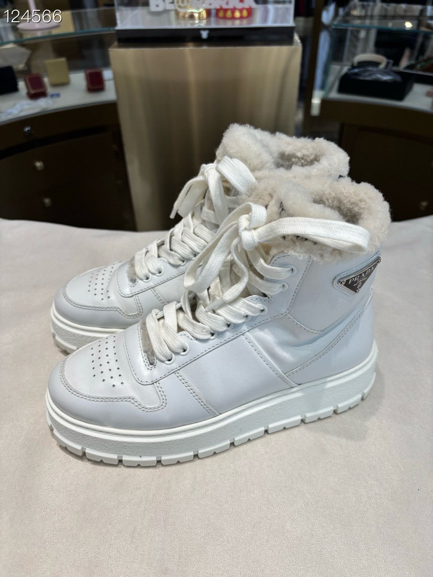 Prada Prada White High-Top Logo Fur Sneakers Size US 5.5 / IT 35.5 - 2 Thumbnail