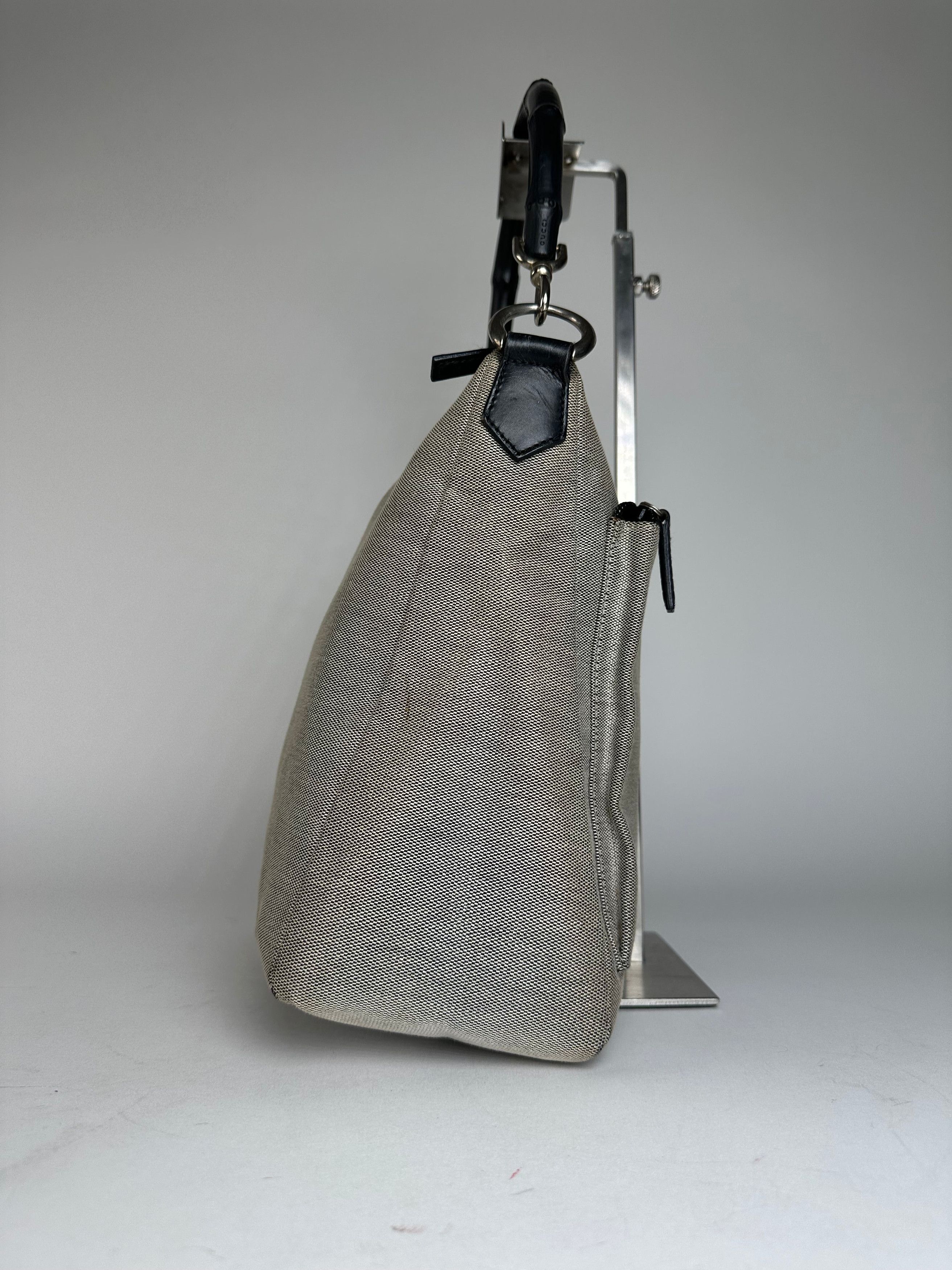 Gucci Vintage Bamboo Top Handle Canvas Handbag Grey Black Size ONE SIZE - 6 Thumbnail
