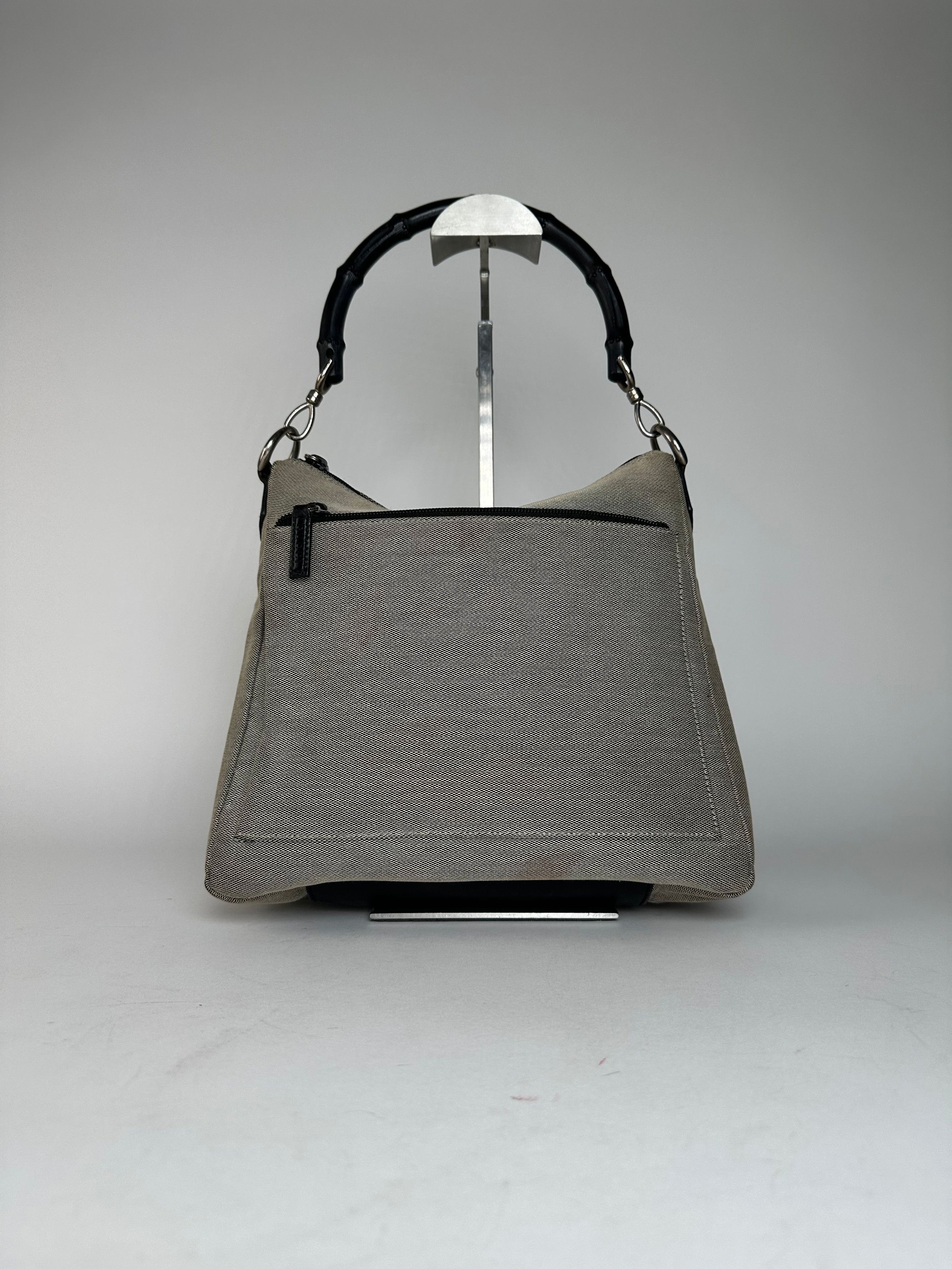 Gucci Vintage Bamboo Top Handle Canvas Handbag Grey Black Size ONE SIZE - 11 Thumbnail