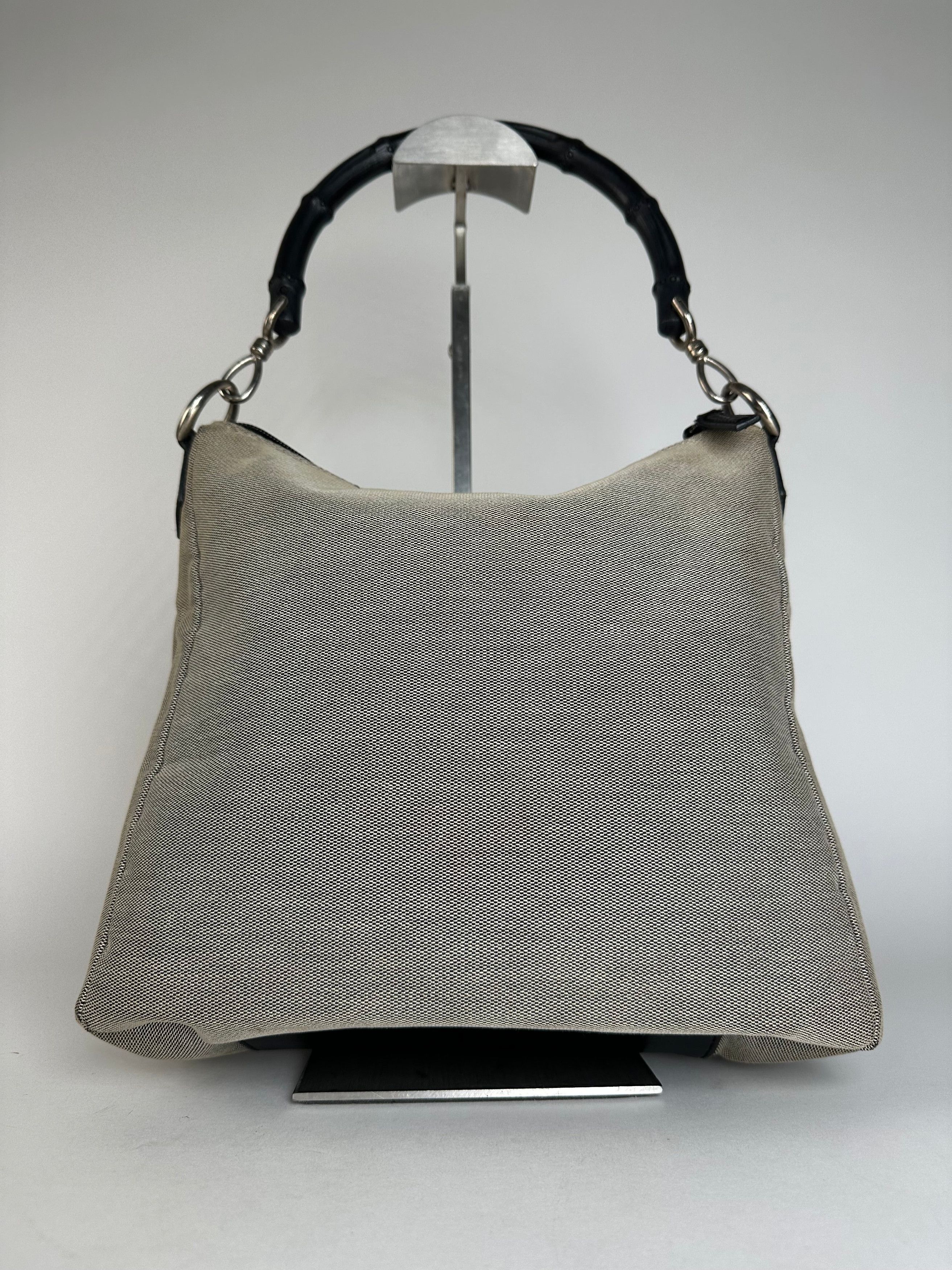 Gucci Vintage Bamboo Top Handle Canvas Handbag Grey Black Size ONE SIZE - 12 Thumbnail