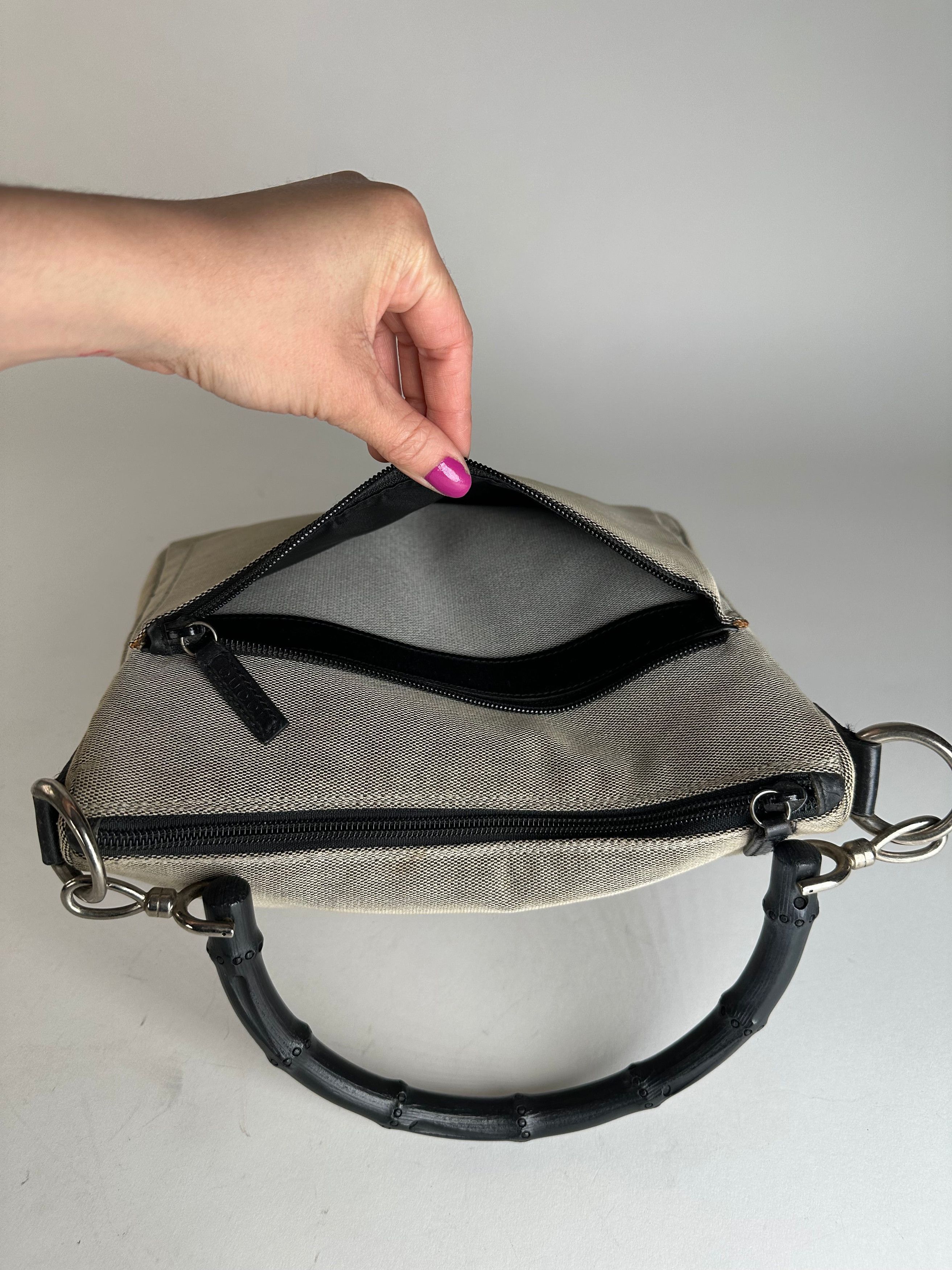 Gucci Vintage Bamboo Top Handle Canvas Handbag Grey Black Size ONE SIZE - 9 Thumbnail