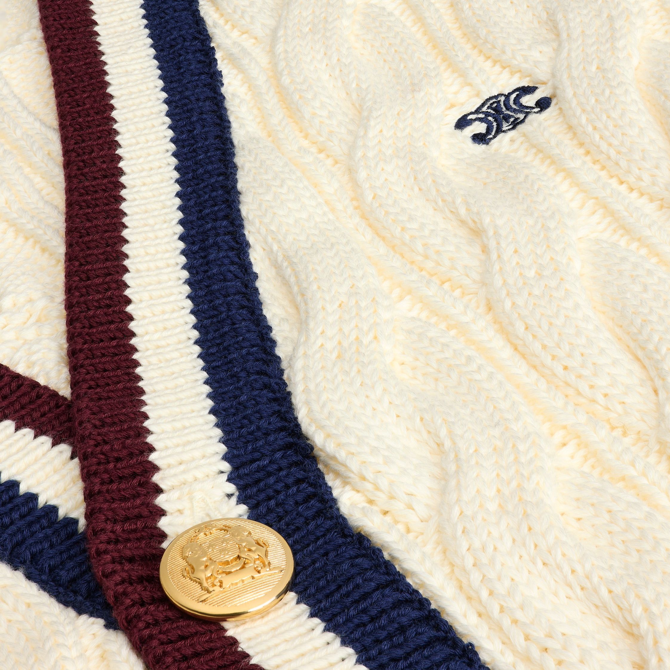 Celine cable-knit triomphe cardigan in cotton ecru/burgundy/navy Size US XXL / EU 58 / 5 - 4 Thumbnail