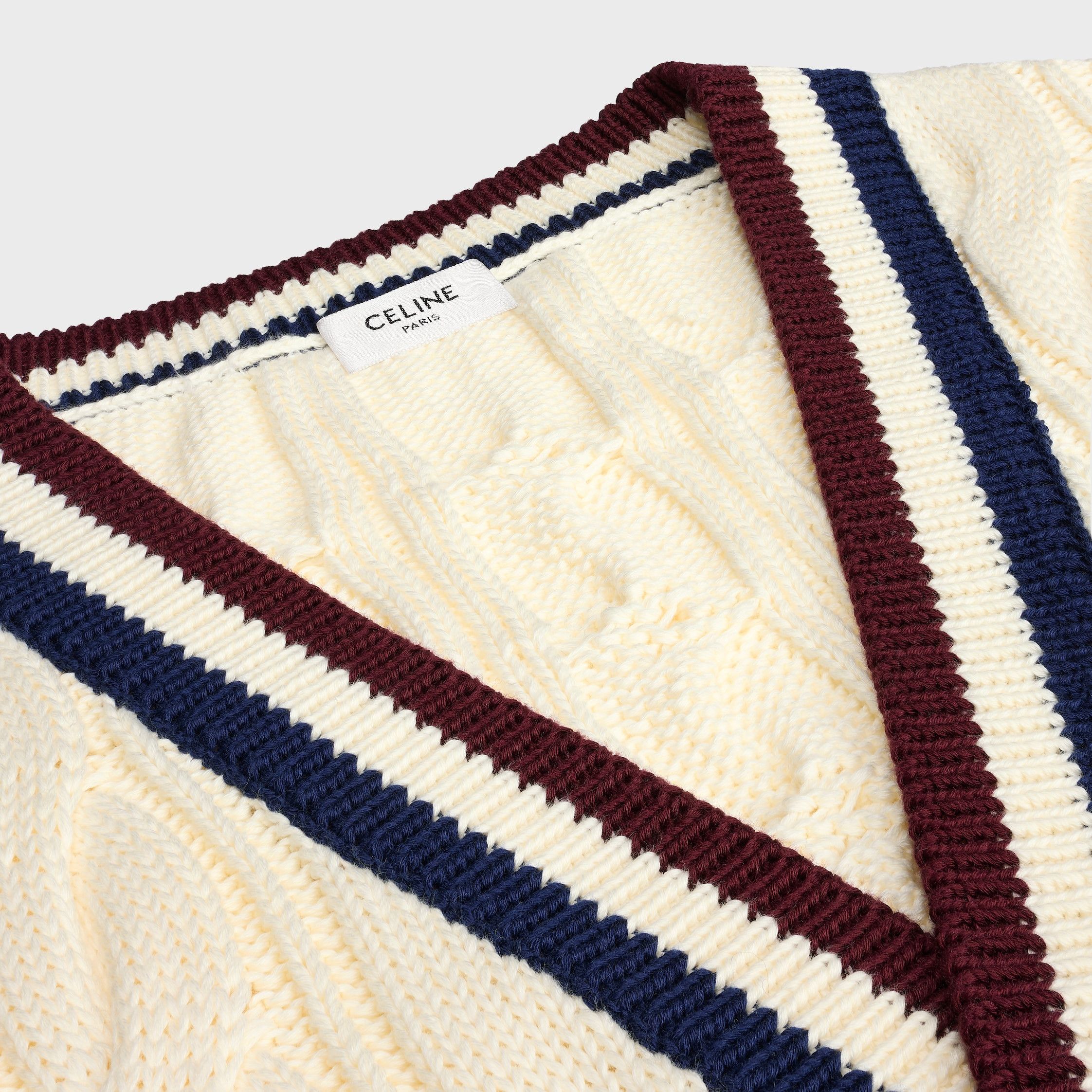 Celine cable-knit triomphe cardigan in cotton ecru/burgundy/navy Size US M / EU 48-50 / 2 - 2 Thumbnail