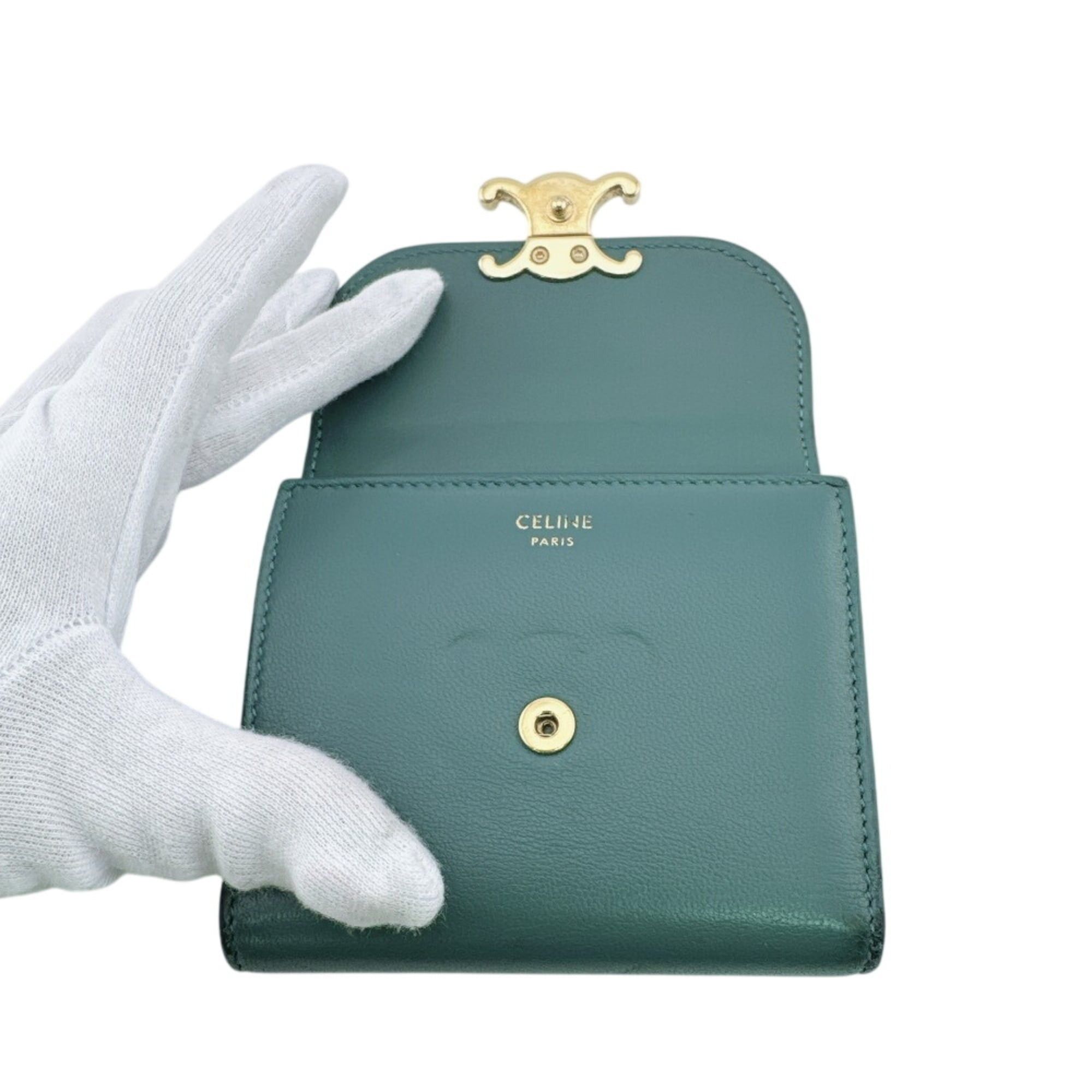 Celine Celine Compact Wallet Small Flap Triomphe Tri-fold Green Size ONE SIZE - 7 Thumbnail