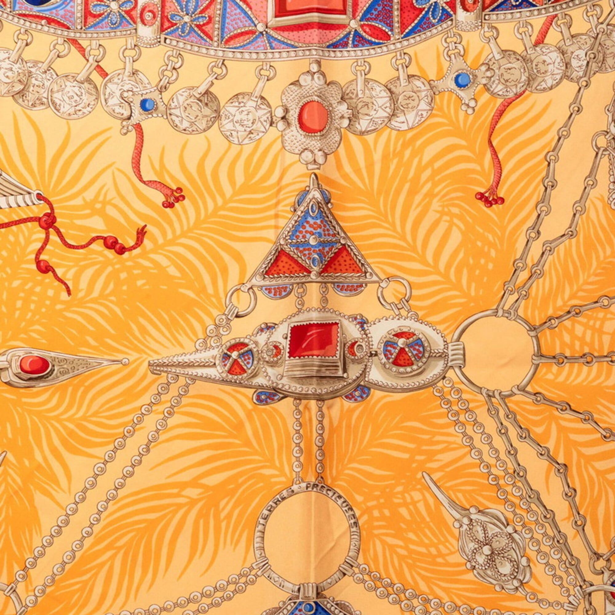 Hermes Hermes Carre 90 Terres Precieuses (Precious Places) Scarf/Muffler, Orange Multicolor Silk, Women's. Size ONE SIZE - 2 Thumbnail