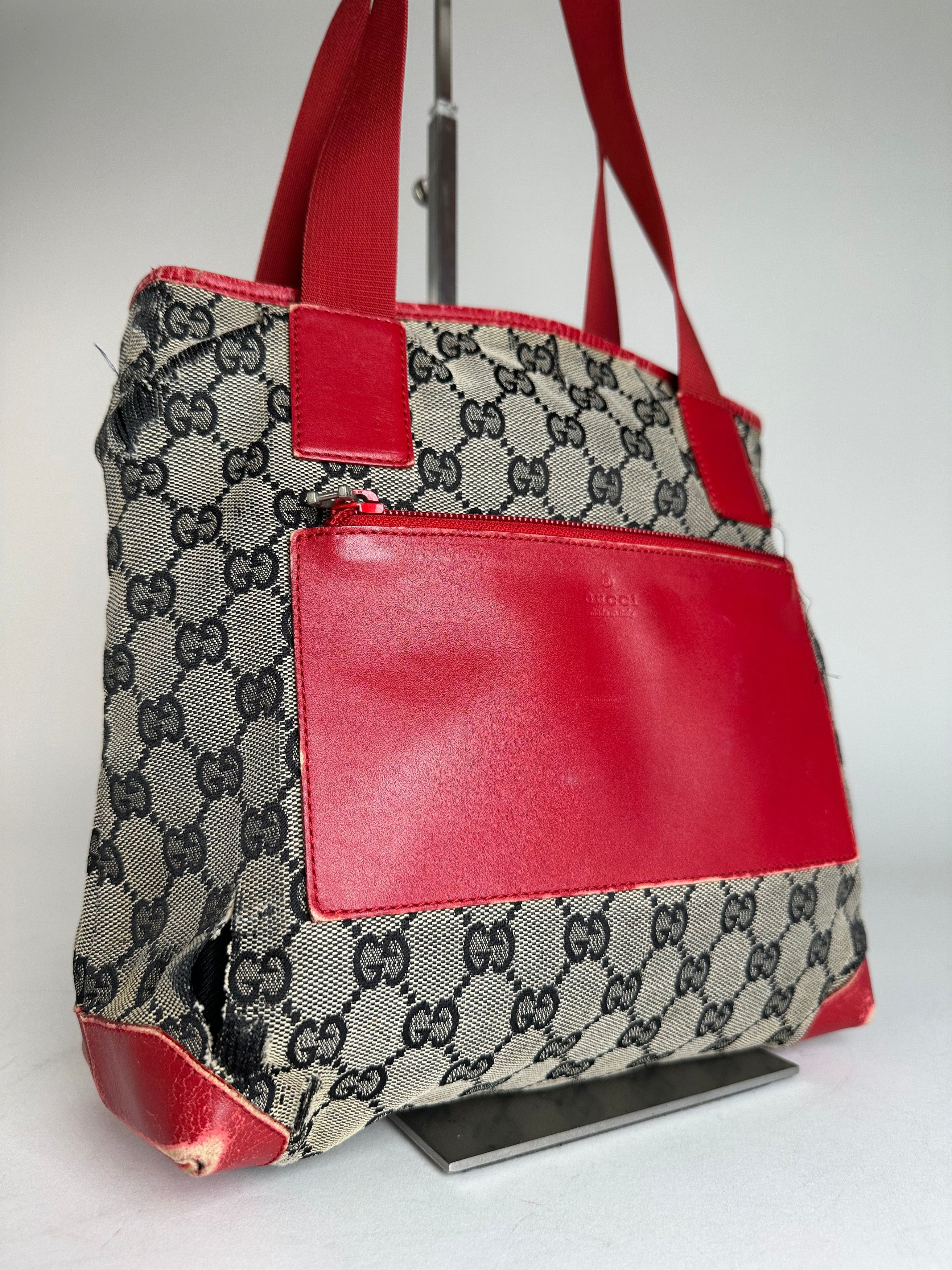 Gucci Vintage Monogram Leather Canvas Handbag Grey Black Red Size ONE SIZE - 9 Thumbnail