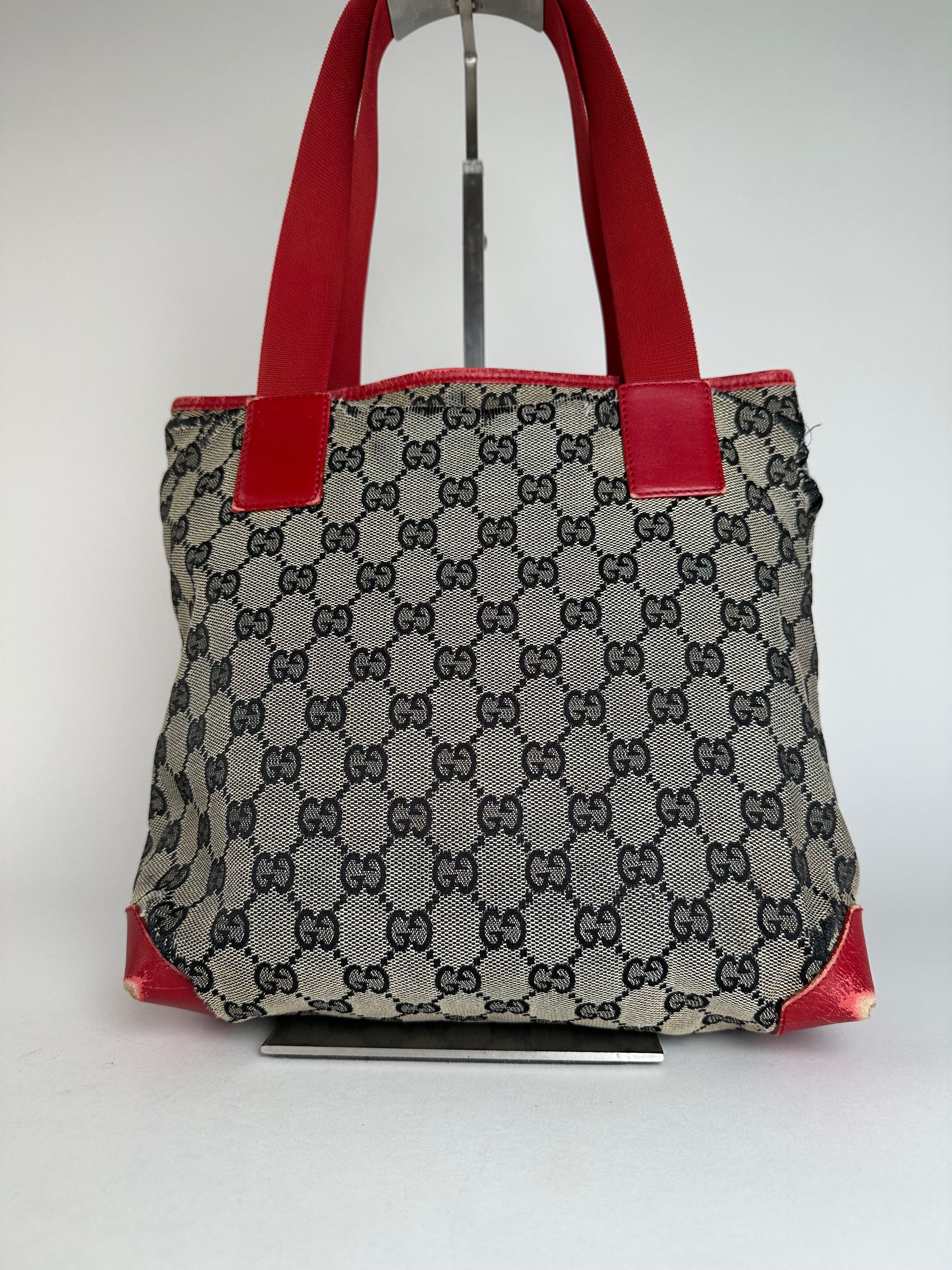 Gucci Vintage Monogram Leather Canvas Handbag Grey Black Red Size ONE SIZE - 13 Thumbnail