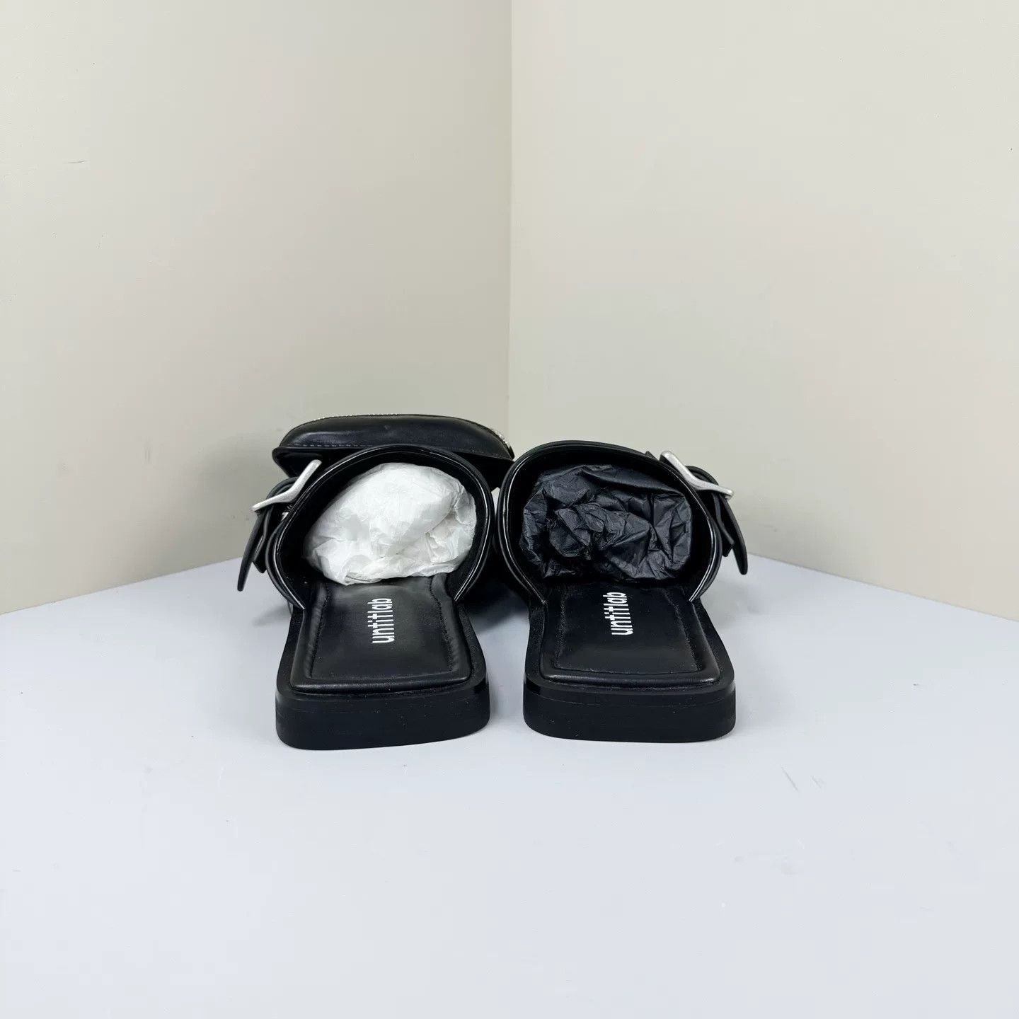 untitlab Untitlab Black Strappy Leather Square-Toe Slippers Size US 7 / IT 37 - 3 Thumbnail
