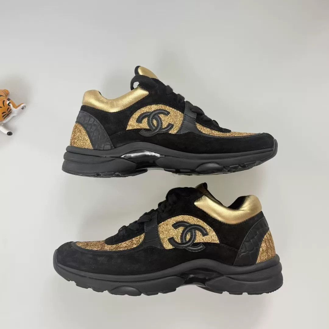 Chanel Chanel Black Gold Logo Sneakers Size US 6 / IT 36 - 2 Thumbnail
