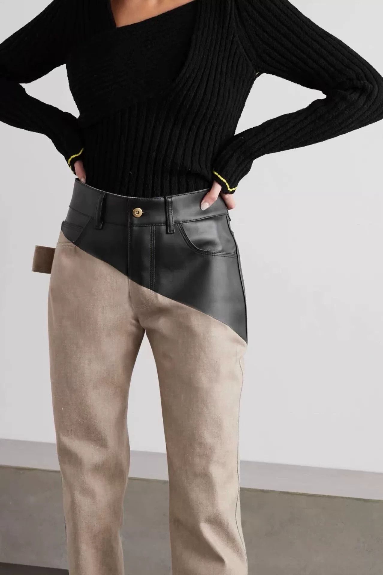 Bottega Veneta Bottega Veneta Khaki Leather-Paneled High-Waist Denim Pants Size 38" / US 16 / IT 52 - 9 Thumbnail
