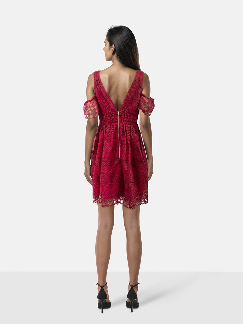 Self-Portrait Red Broderie Anglaise Cold Shoulder Dress Size L / US 10 / IT 46 - 2 Thumbnail