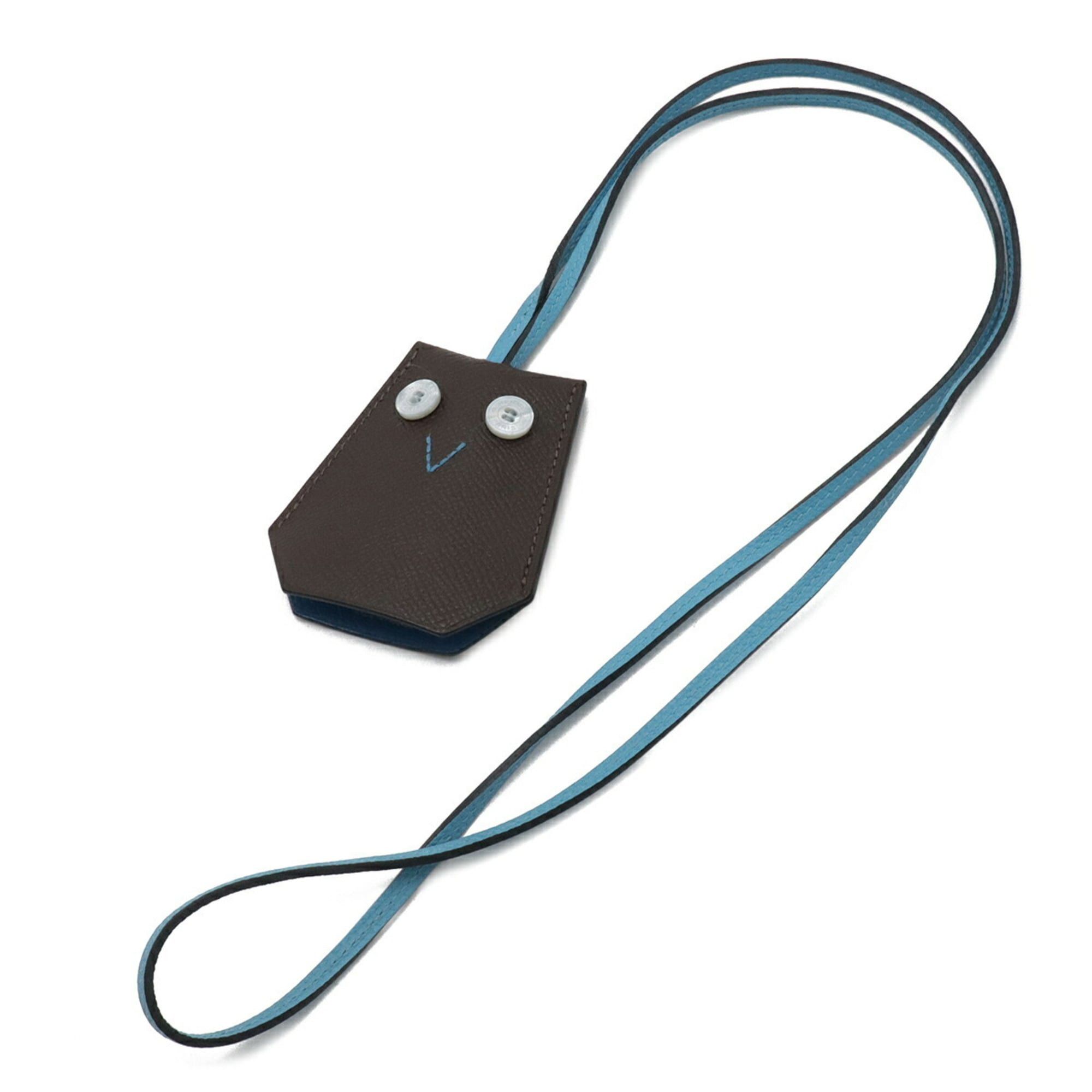 Hermes HERMES Petit H Yveton Clochette Keyring, Owl Motif, Veau Epsom Leather, Dark Brown/Light Blue Size ONE SIZE - 2 Thumbnail
