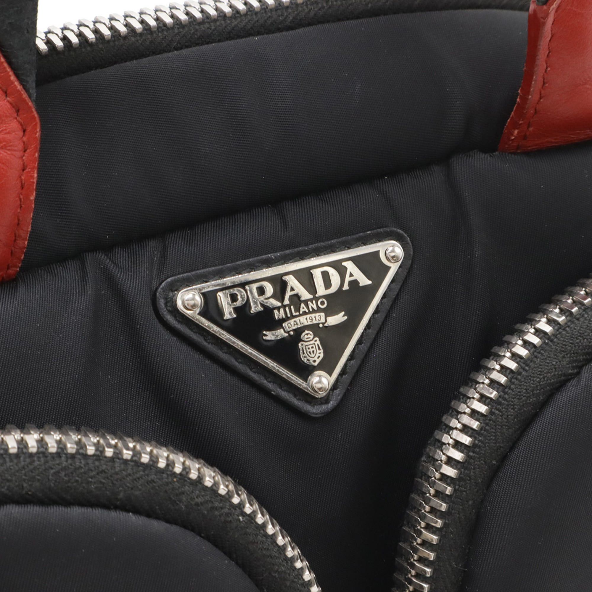 Prada PRADA Triangle Handbag Mini Boston Shoulder Bag Nylon NERO Black Red Purchased at a domestic boutique 1BB062 Size ONE SIZE - 5 Thumbnail