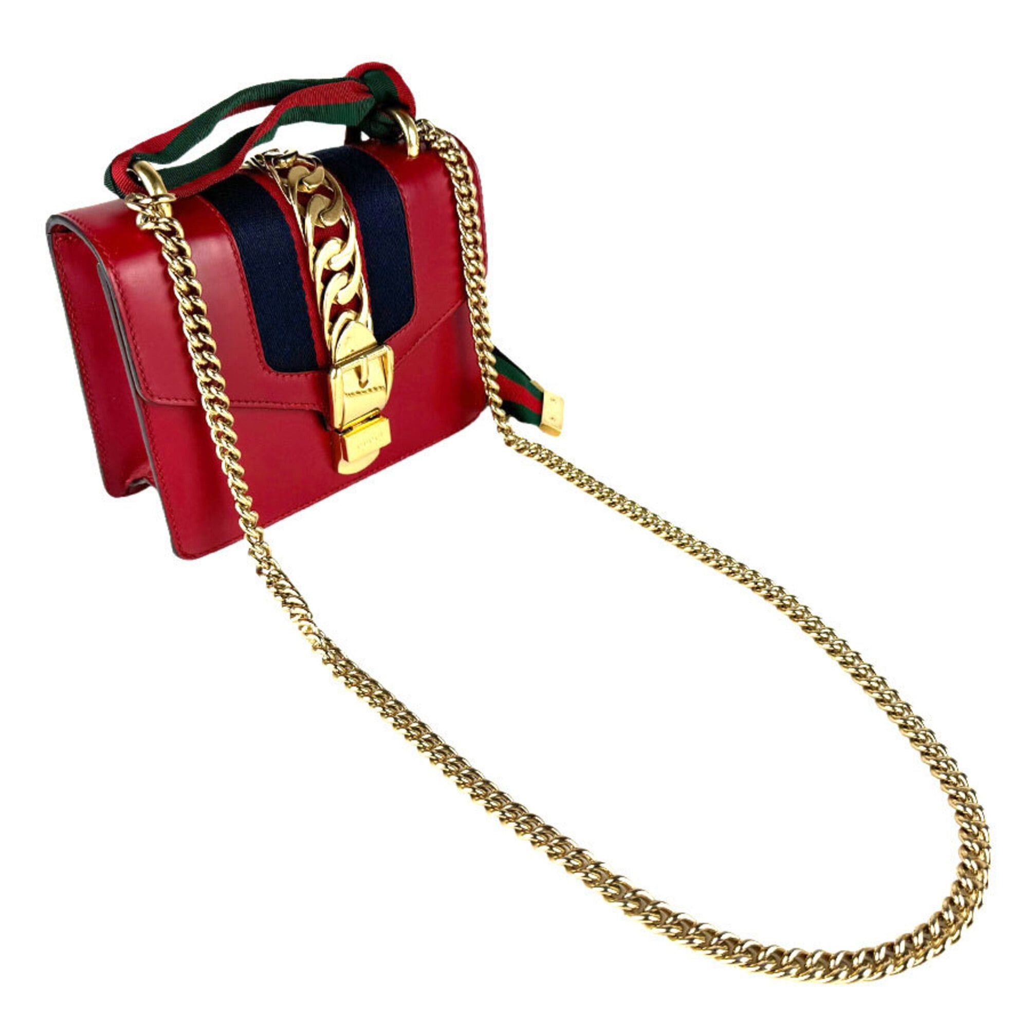 Gucci Gucci Sylvie Shoulder Bag, Leather, Red/Navy, Women's, 431666, Free Shipping, z9146 Size ONE SIZE - 10 Thumbnail