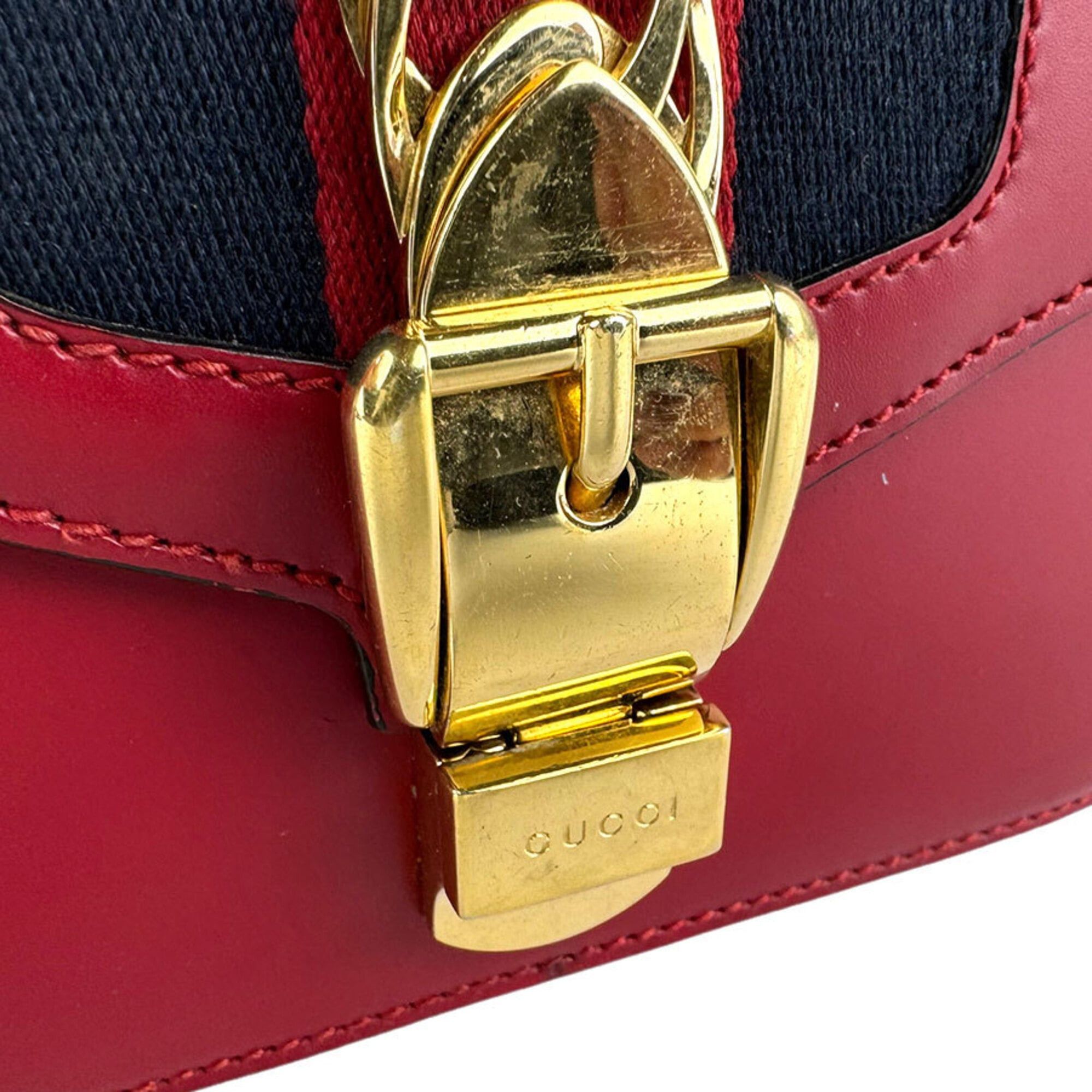 Gucci Gucci Sylvie Shoulder Bag, Leather, Red/Navy, Women's, 431666, Free Shipping, z9146 Size ONE SIZE - 11 Thumbnail