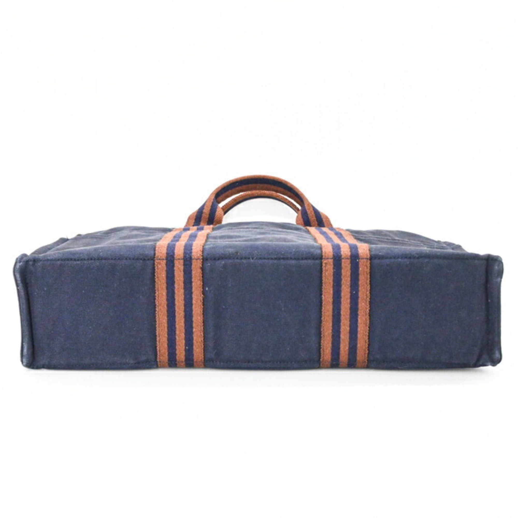 Hermes HERMES New Fourre-Tout Tote Bag MM Handbag Half Leather Navy Brown Canvas Women's Men's Size ONE SIZE - 5 Thumbnail