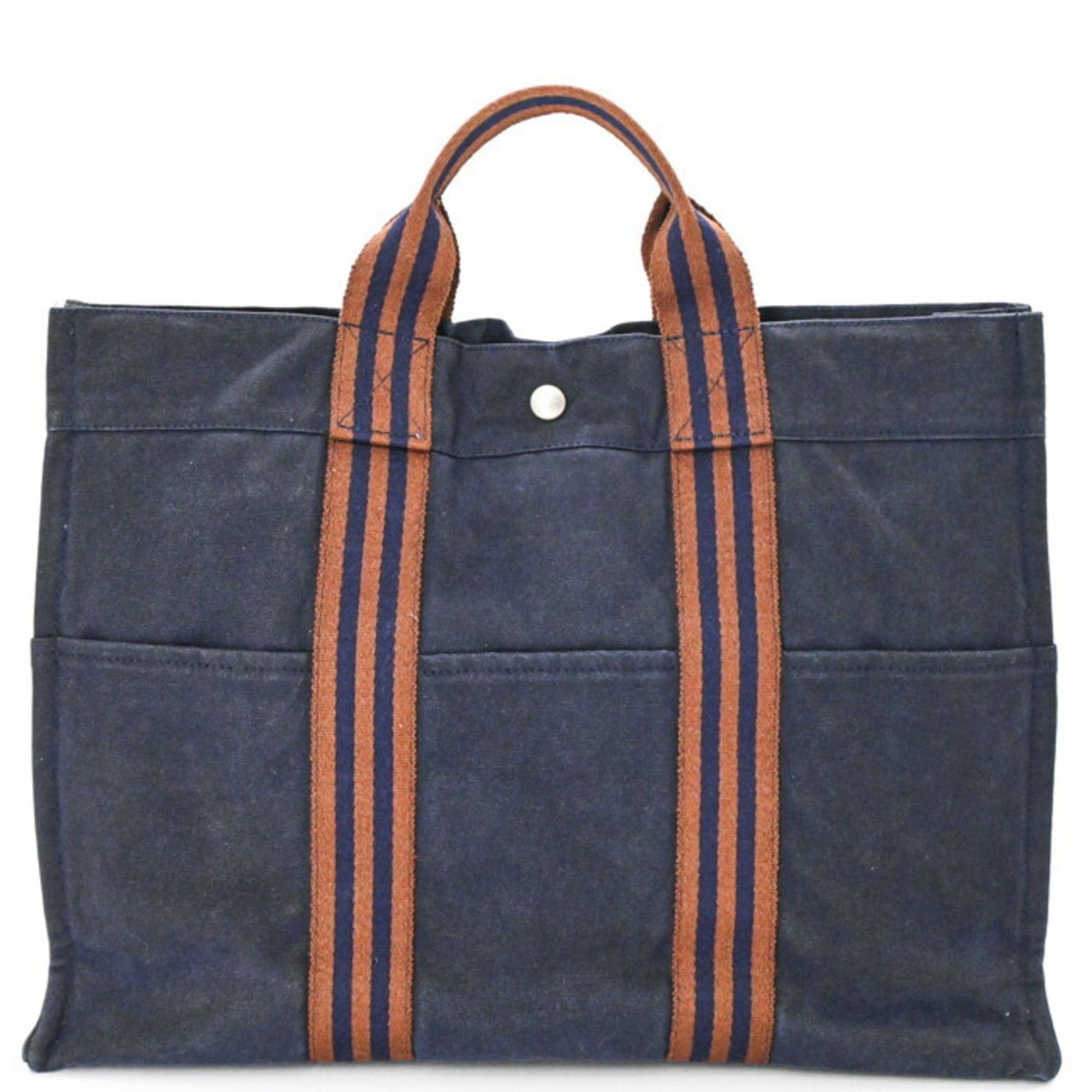 Hermes HERMES New Fourre-Tout Tote Bag MM Handbag Half Leather Navy Brown Canvas Women's Men's Size ONE SIZE - 2 Thumbnail