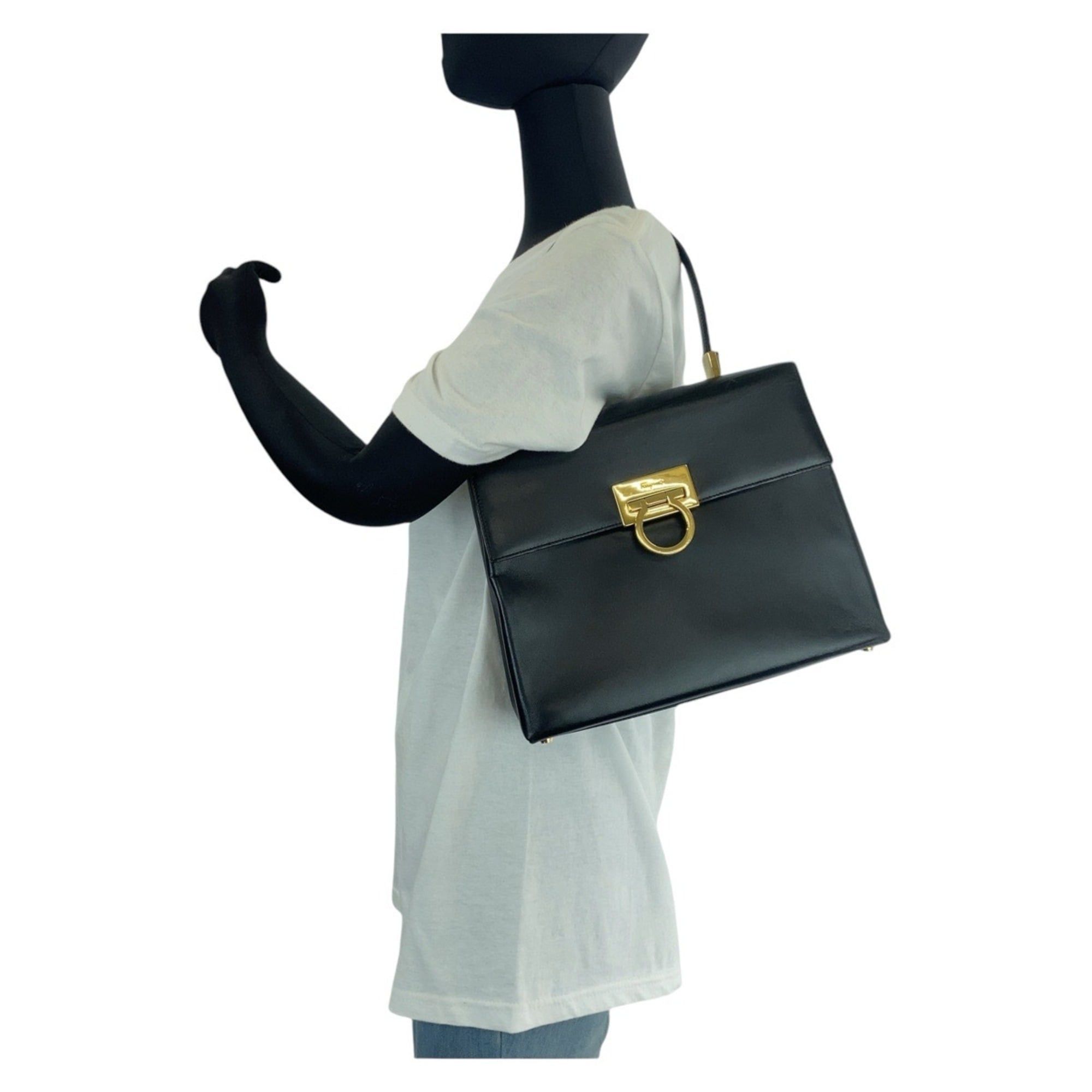 Salvatore Ferragamo Salvatore Ferragamo Vintage Gancini Black Leather Handbag/Shoulder Bag (2-way) for Women Size ONE SIZE - 6 Thumbnail