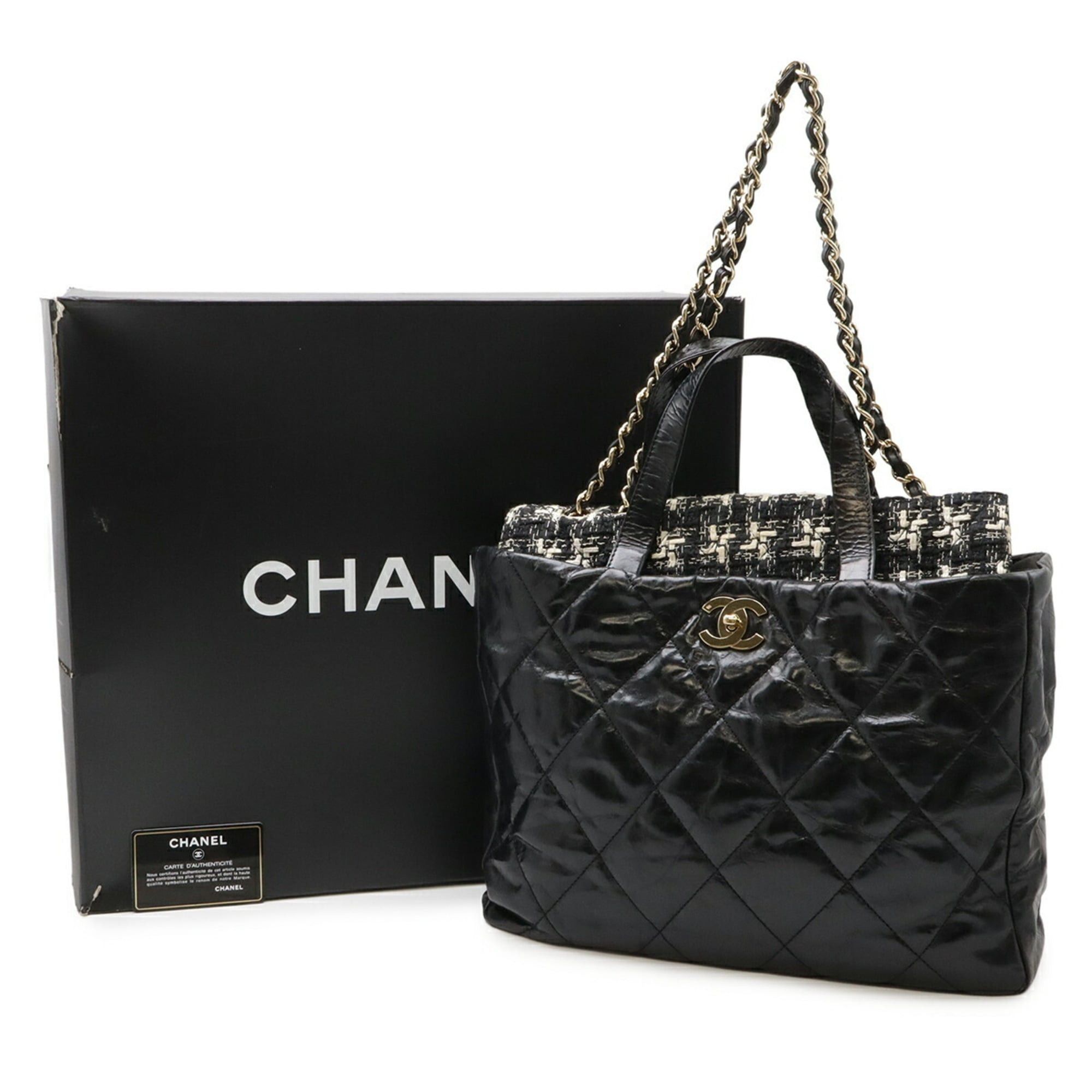 Chanel CHANEL Coco Mark Portobello Matelassé Tote Bag Shoulder Chain Leather Tweed Black A39045 Size ONE SIZE - 10 Thumbnail