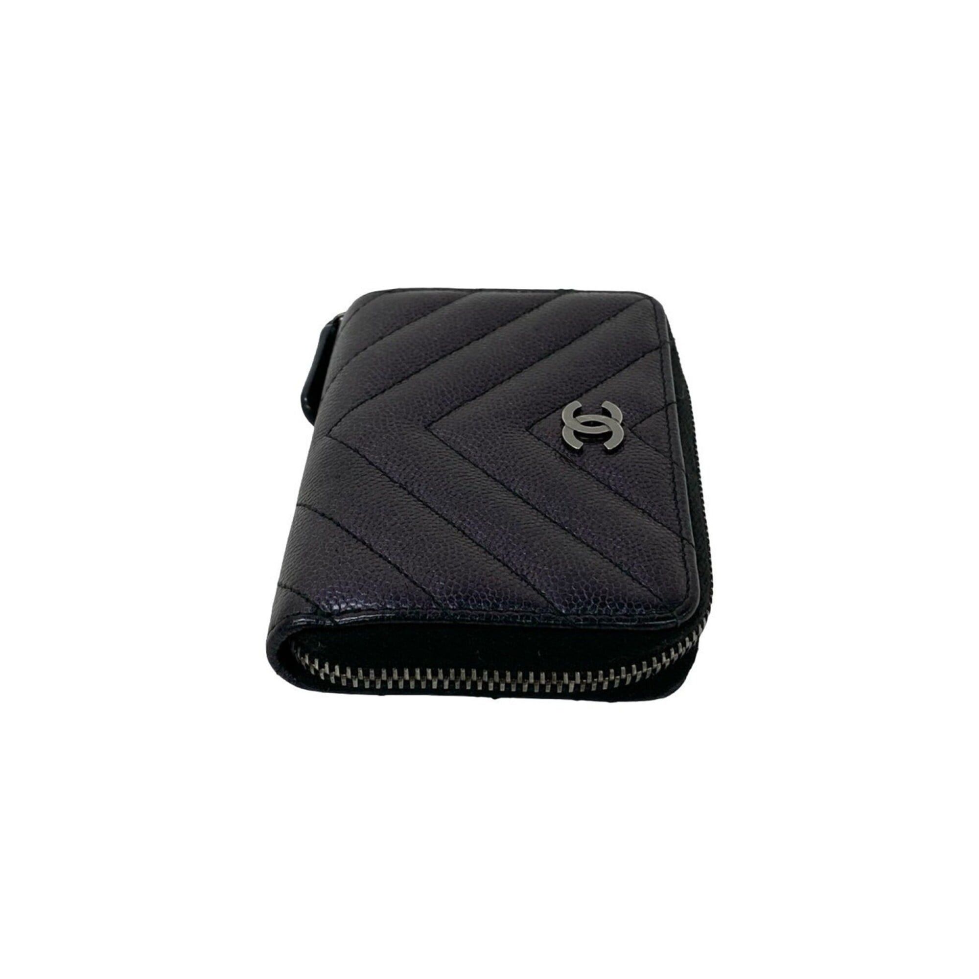 Chanel CHANEL Coco Mark Chevron Caviar Leather Wallet/Coin Purse, Black pj7-3 Size ONE SIZE - 5 Thumbnail