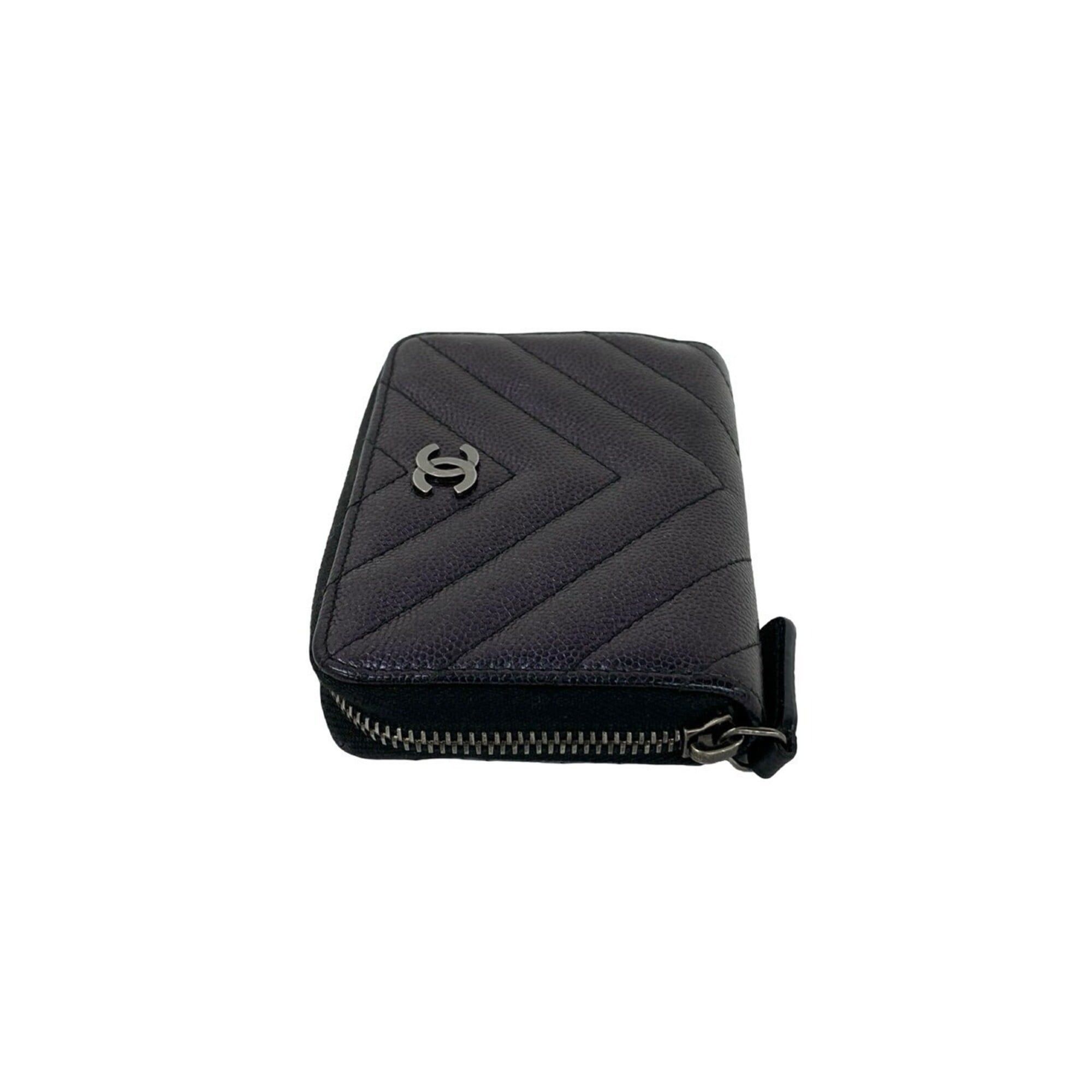 Chanel CHANEL Coco Mark Chevron Caviar Leather Wallet/Coin Purse, Black pj7-3 Size ONE SIZE - 4 Thumbnail