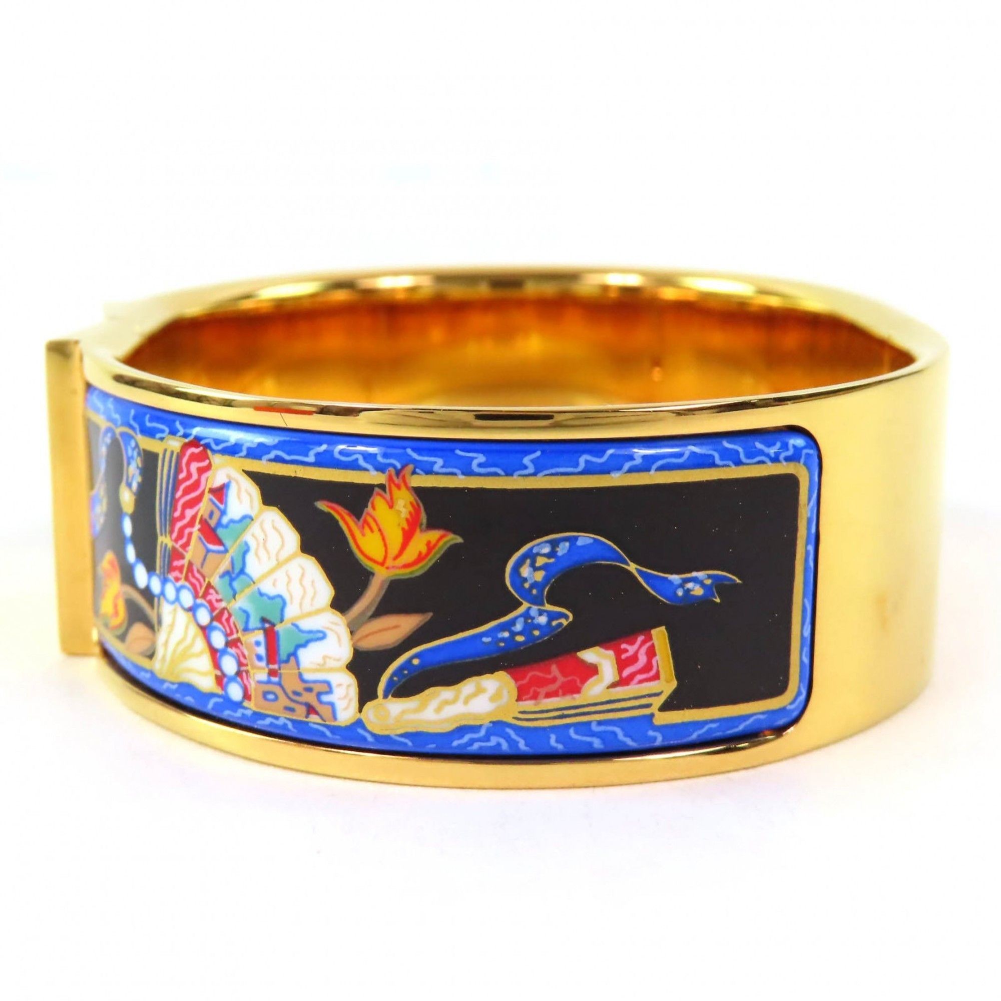 Hermes HERMES Roque Enamelled GM Fan Pattern Cloisonné Bangle Bracelet in Gold and Multicolor, with Box, for Women Size ONE SIZE - 3 Thumbnail